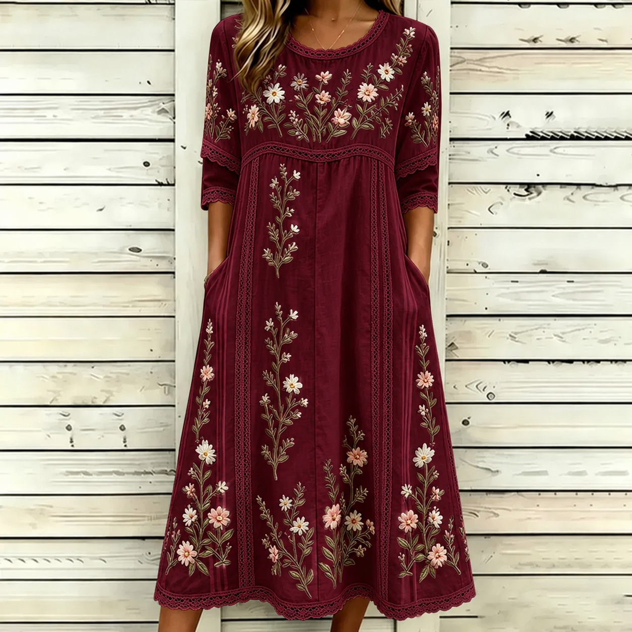 Women's Retro Floral Art Embroidered Patchwork Linen Blend Short Sleeve Dress