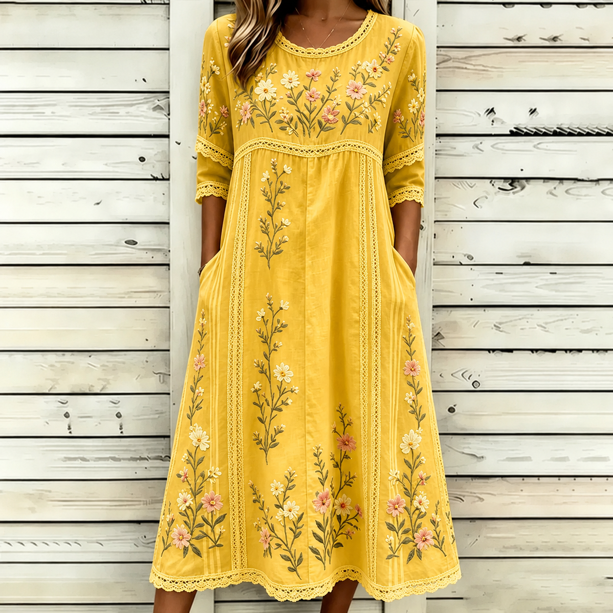 Women's Retro Floral Art Embroidered Patchwork Linen Blend Short Sleeve Dress