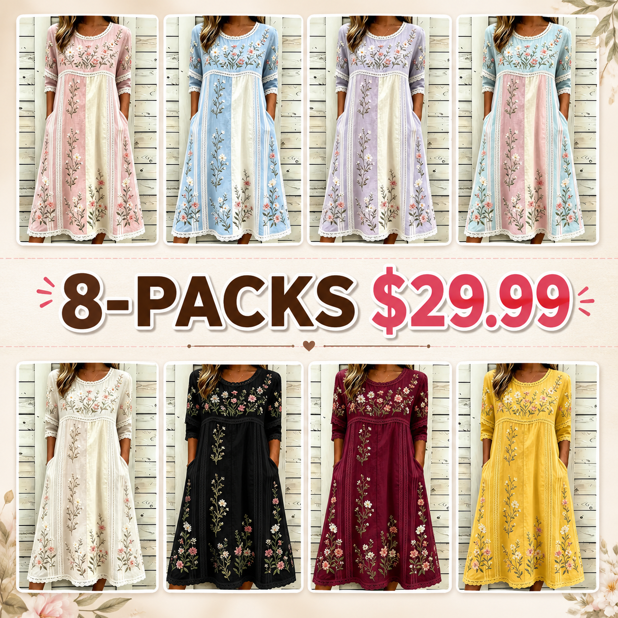 Women's Retro Floral Art Embroidered Patchwork Linen Blend Short Sleeve Dress