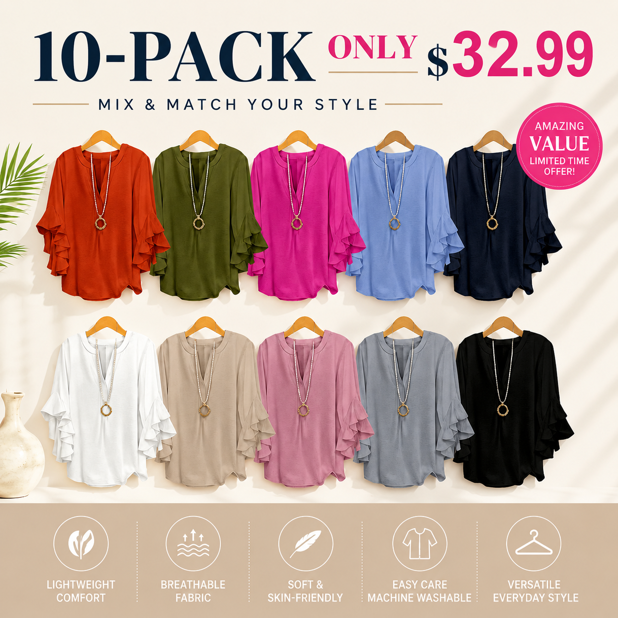 ⚡Last stock⚡- Plus Size Ruffle Sleeve V-Neck Shirt Top