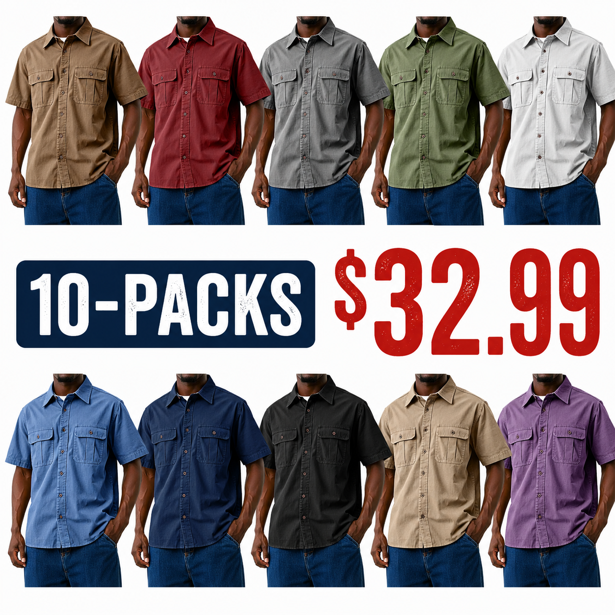 Men's Casual Workwear Double Pocket Solid Color Short-sleeved Shirt