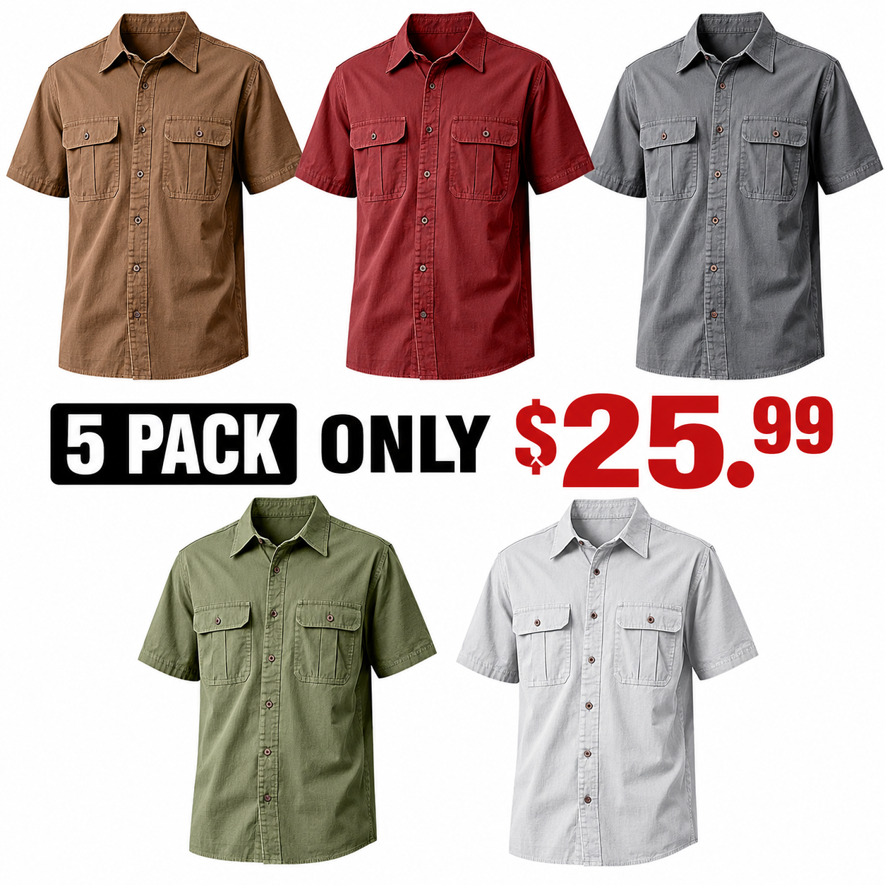 Men's Casual Workwear Double Pocket Solid Color Short-sleeved Shirt