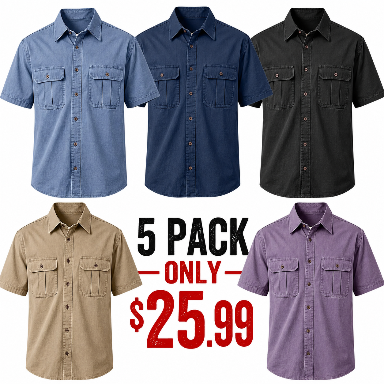 Men's Casual Workwear Double Pocket Solid Color Short-sleeved Shirt