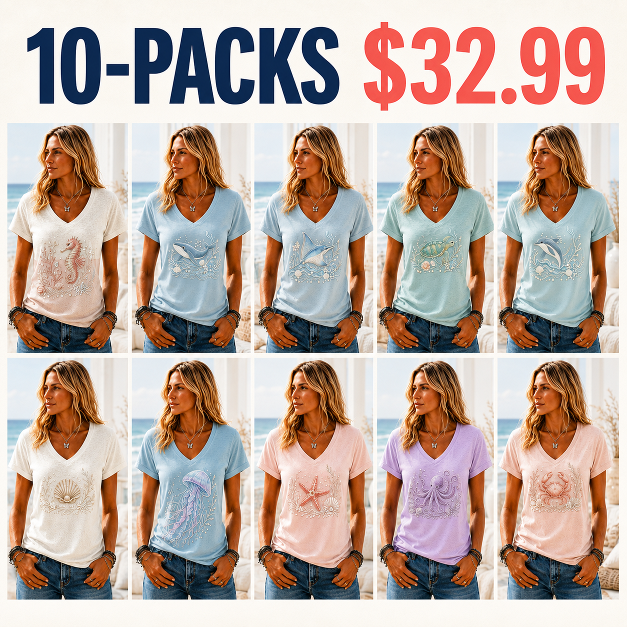 🔥LAST DAY 49% OFF -Women’s Ocean Embroidered V-Neck T-Shirt 🌊✨