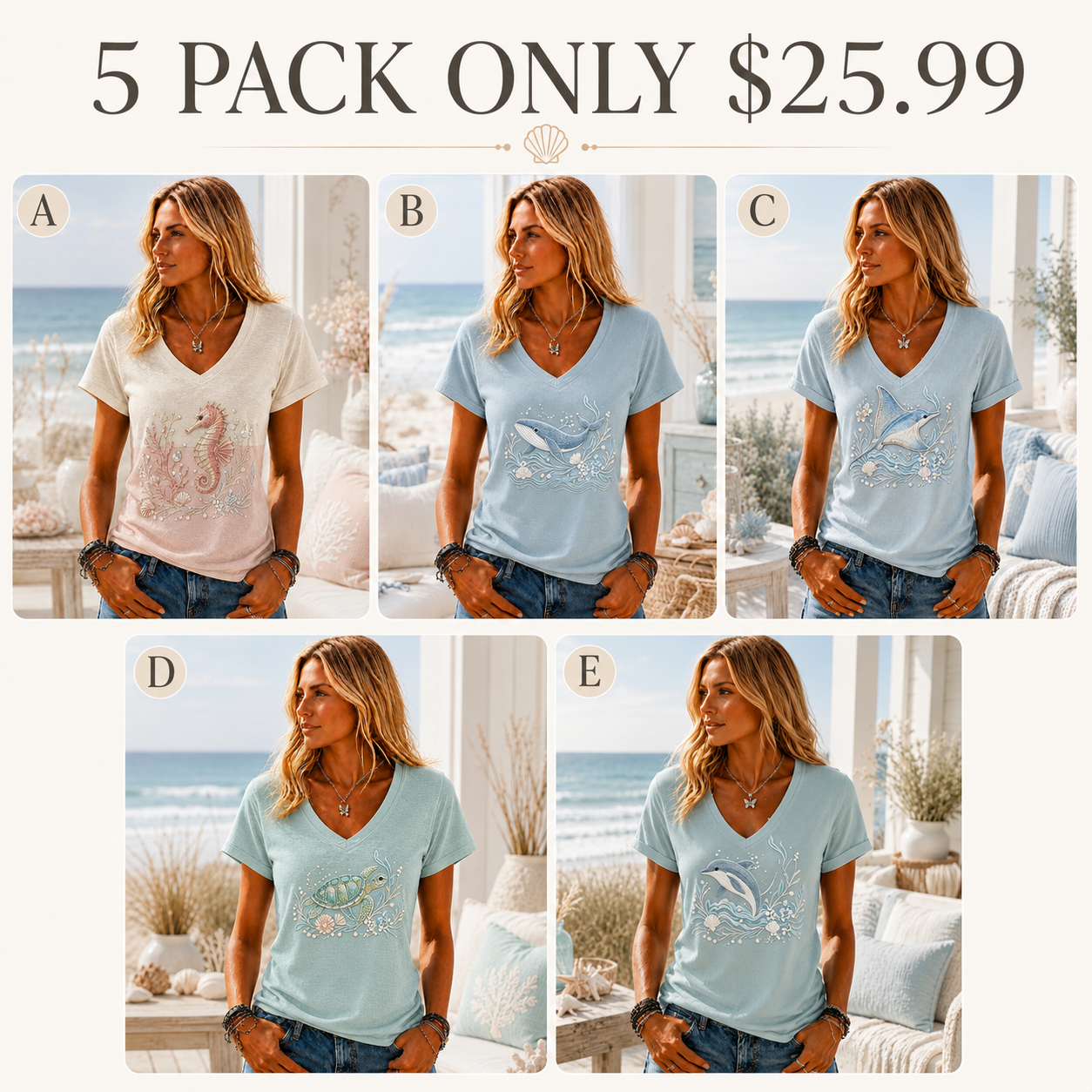 🔥LAST DAY 49% OFF -Women’s Ocean Embroidered V-Neck T-Shirt 🌊✨