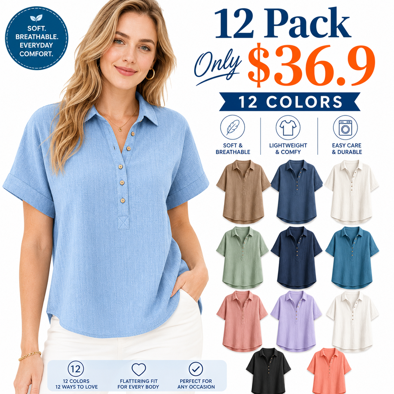 Seasonal Clearance Sale🔥12-PackOnly $36.9    Women’s Short Sleeve Henley Blouse – 12-Pack