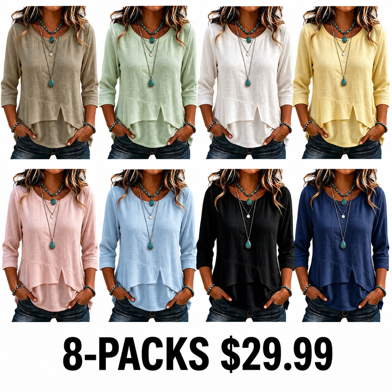 New Arrival🔥 Women'S Elegant Round Neck Cloth Symmetrical Hem Design 3/4 Sleeve T-Shirt