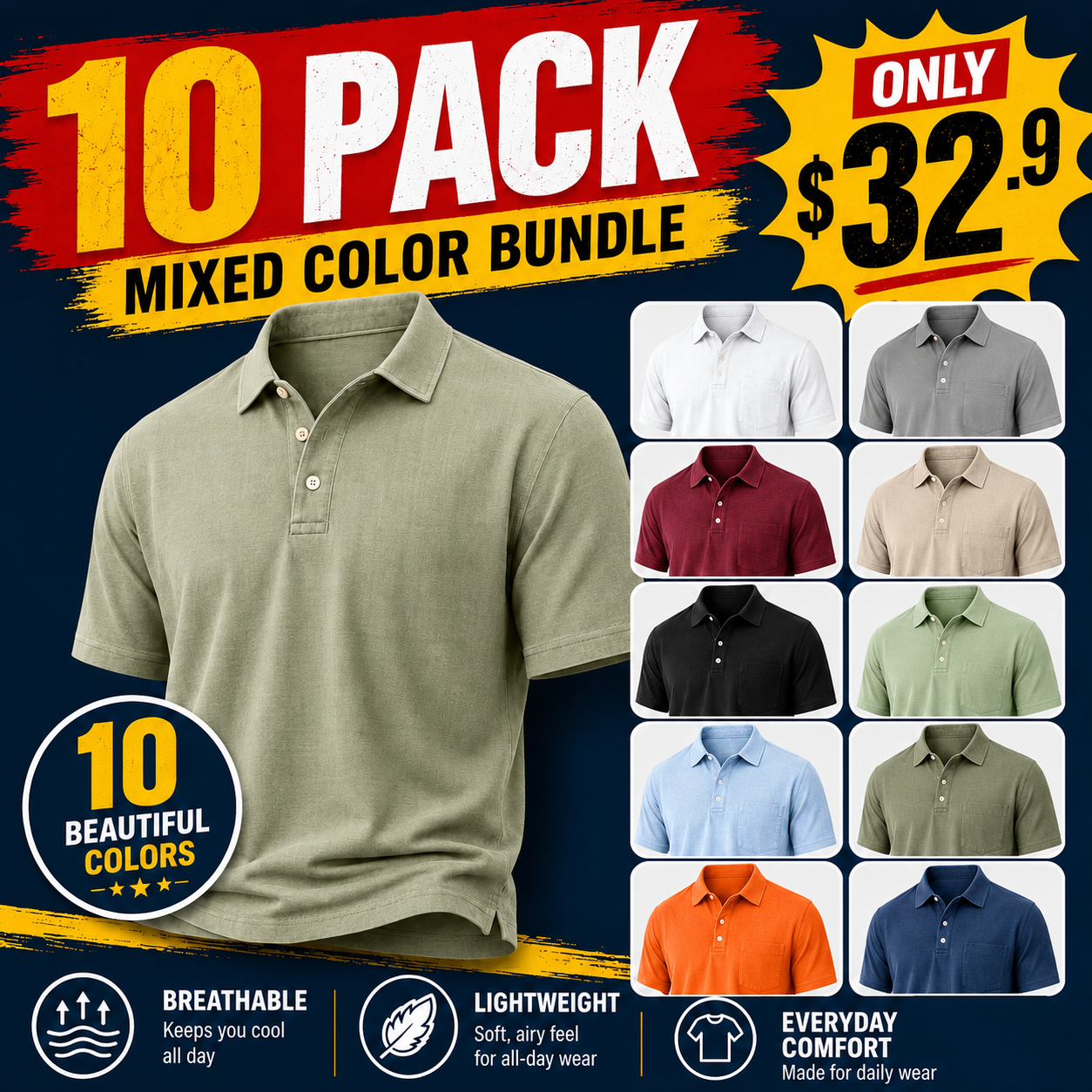⏰Seasonal Clearance Sale🔥10-PackOnly $32.9   Men’s Lightweight Textured Polo Shirt – Short Sleeve Smart-Casual Top