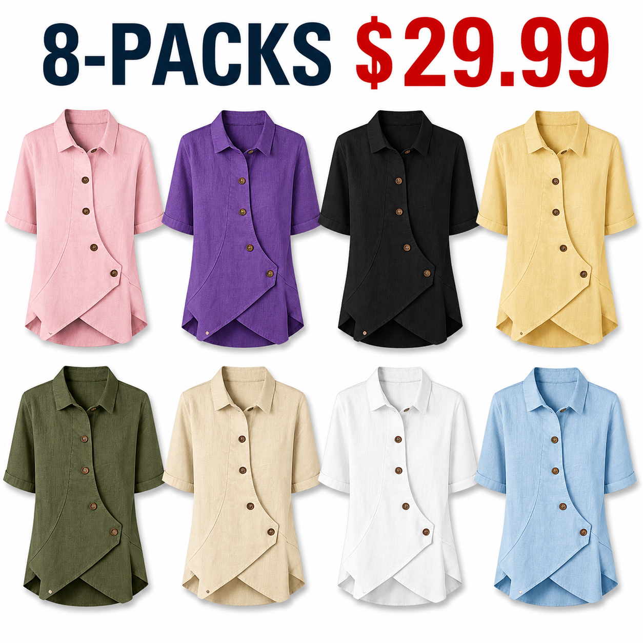 Women’s White Cotton Linen Asymmetric Button Front Short Sleeve Casual Shirt