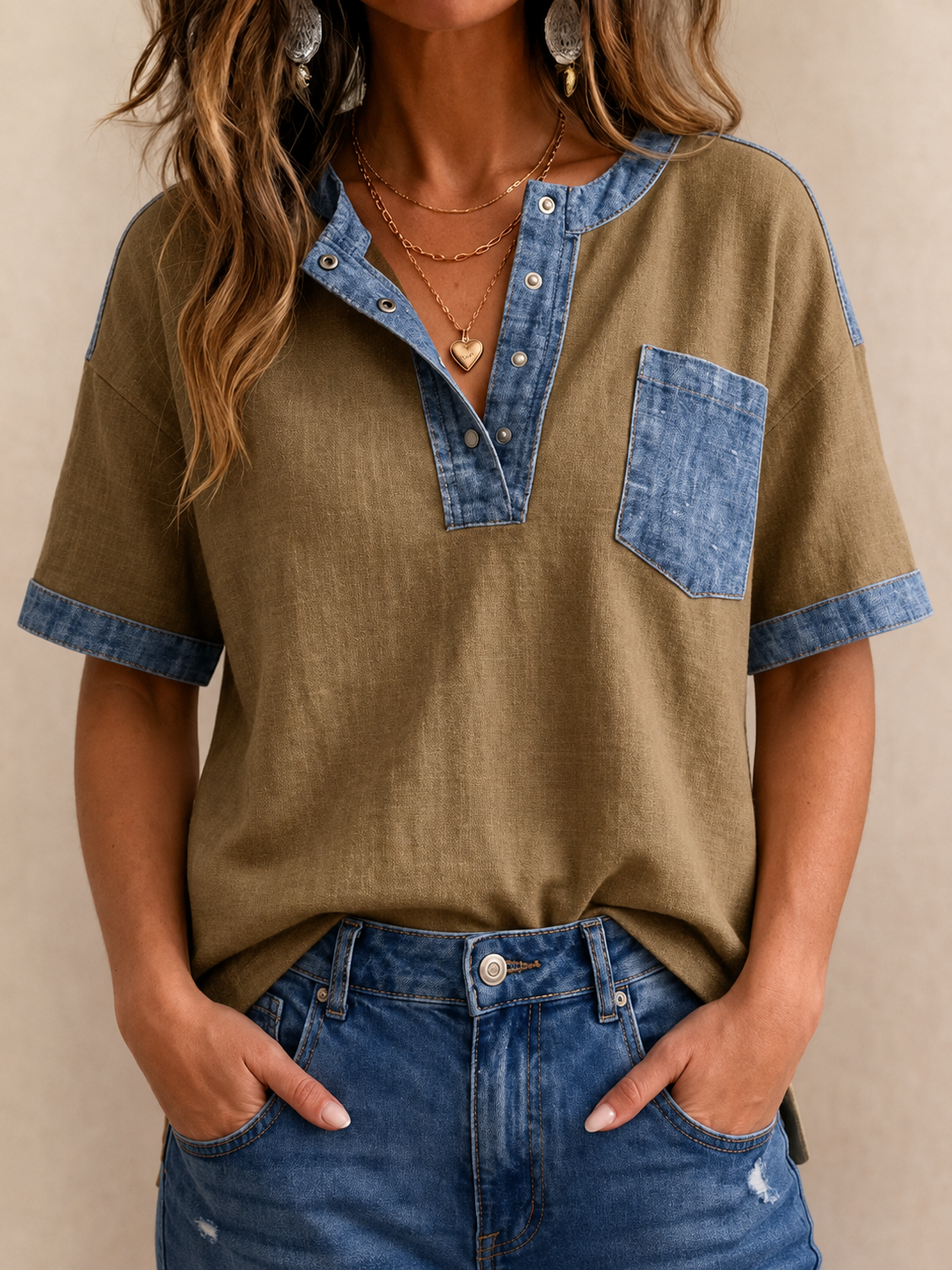 Women's V-neck Short Sleeve Casual Loose Patchwork Top
