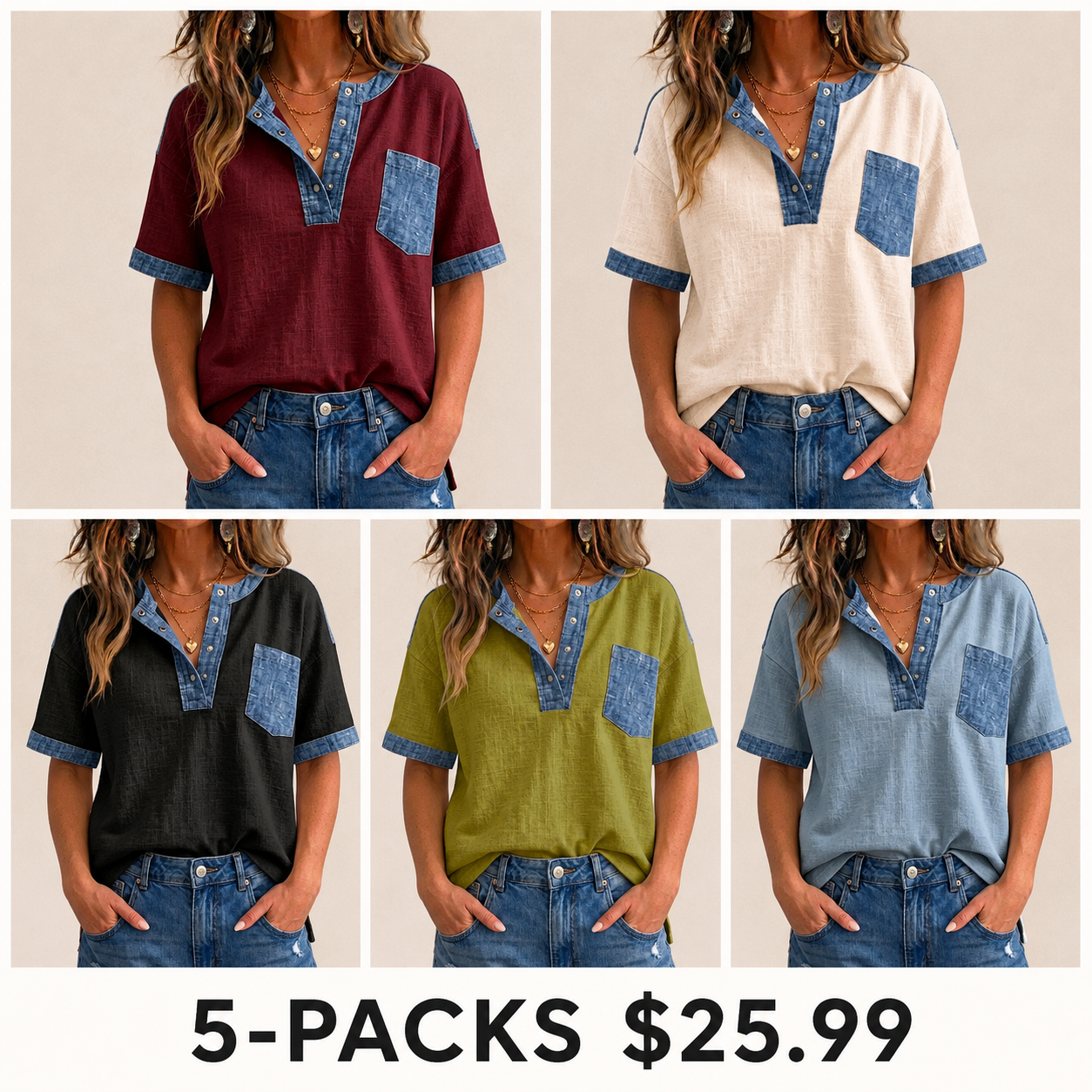 Women's V-neck Short Sleeve Casual Loose Patchwork Top