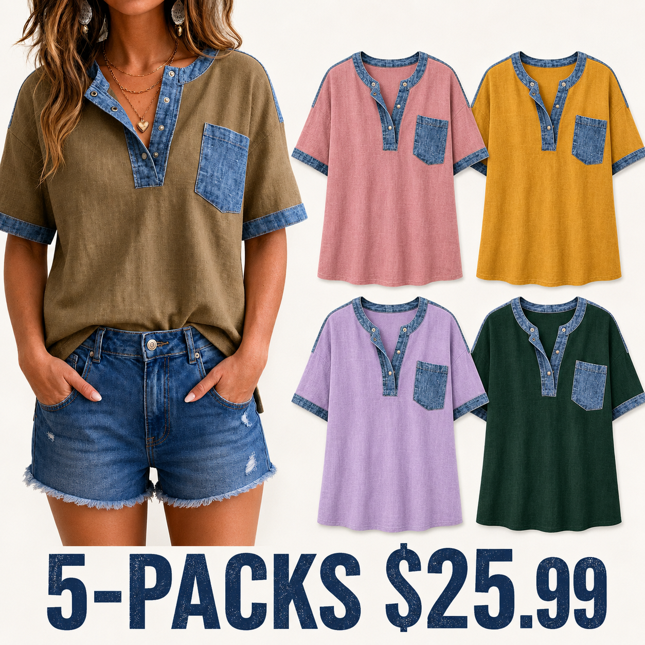 Women's V-neck Short Sleeve Casual Loose Patchwork Top