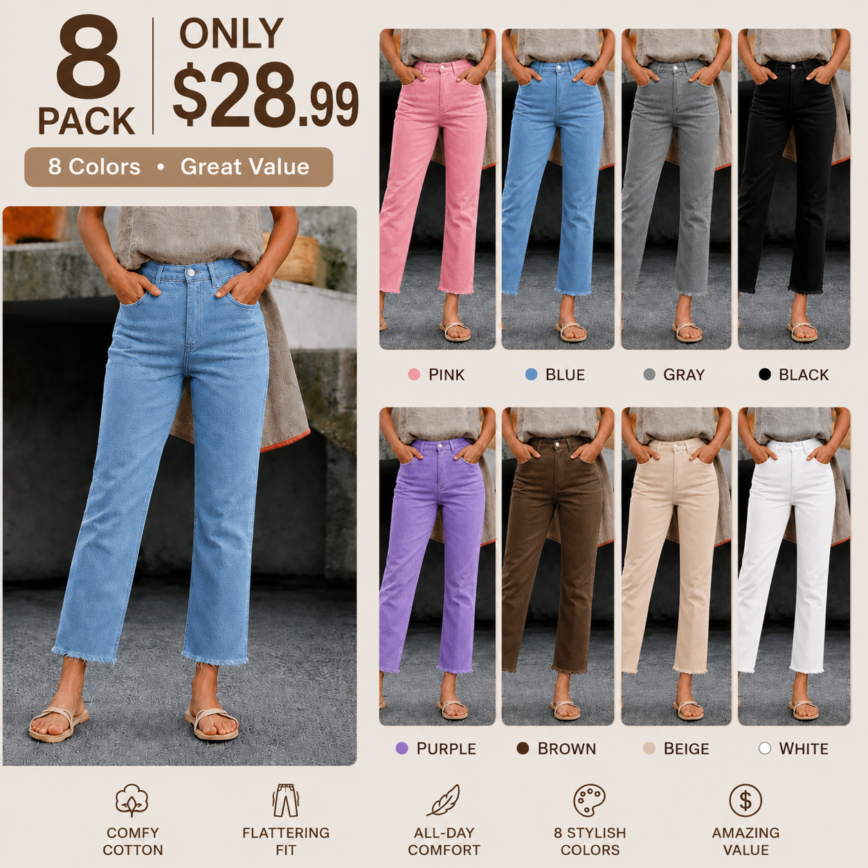 New Spring Summer Women's Fashion Simple Slim Fit High Waist Nine-Inch Pants