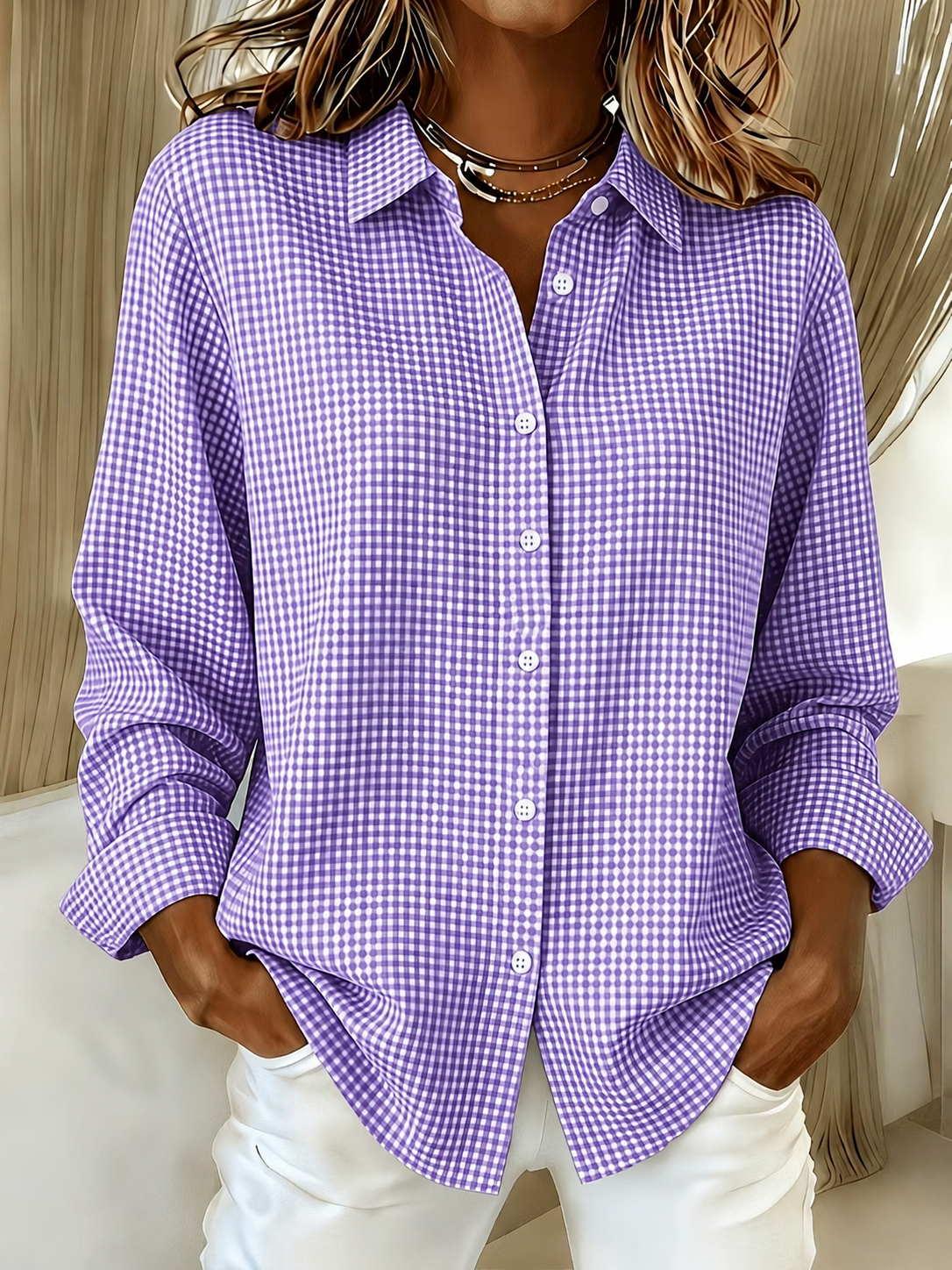 New Arrival🔥 Women's Casual Gingham Long Sleeve Button Down Shirt