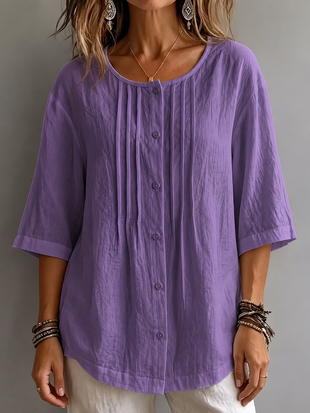 Women's Full Size Cotton Linen Texture Round Neck 3/4 Sleeve Blouse