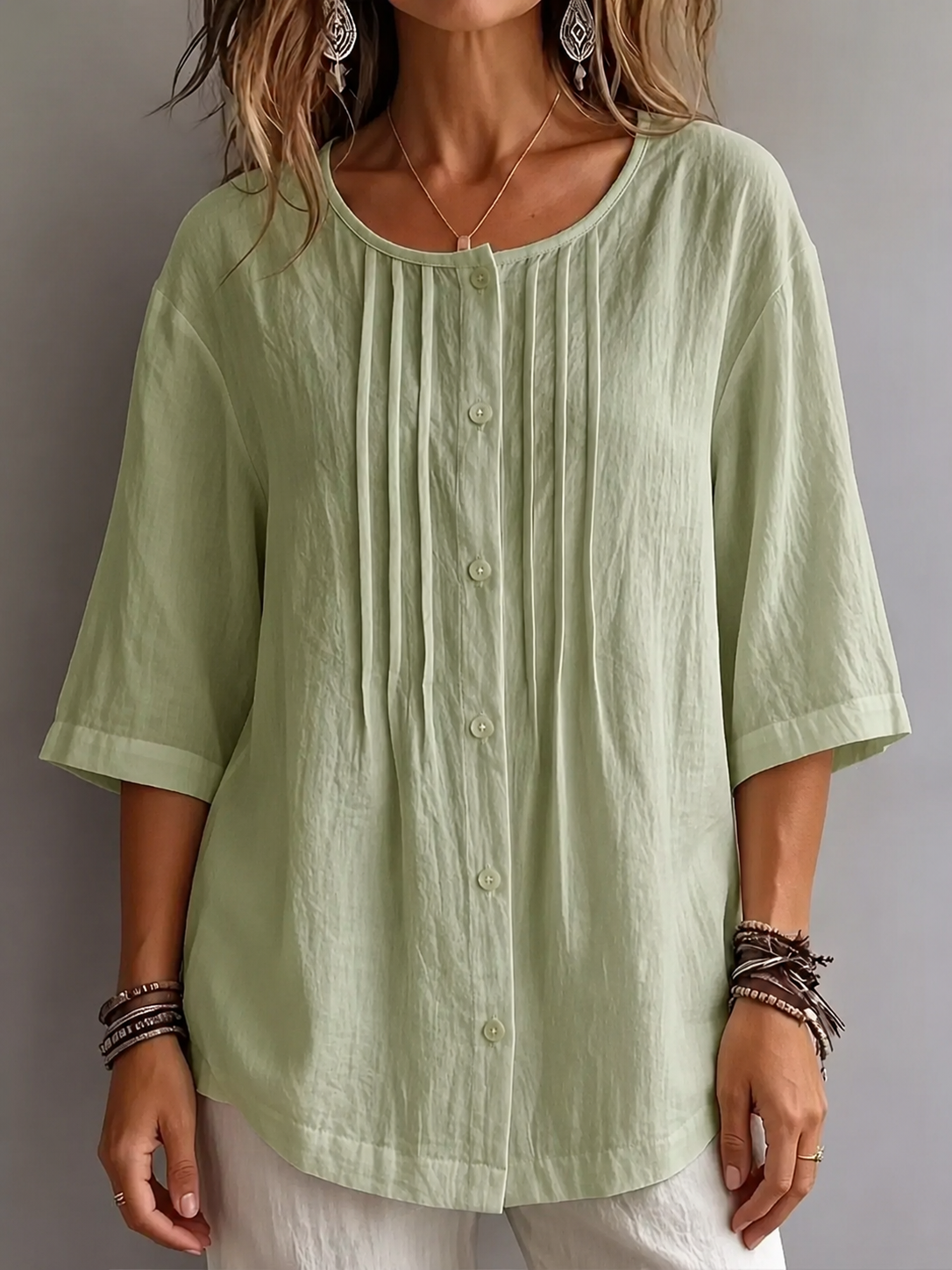 Women's Full Size Cotton Linen Texture Round Neck 3/4 Sleeve Blouse