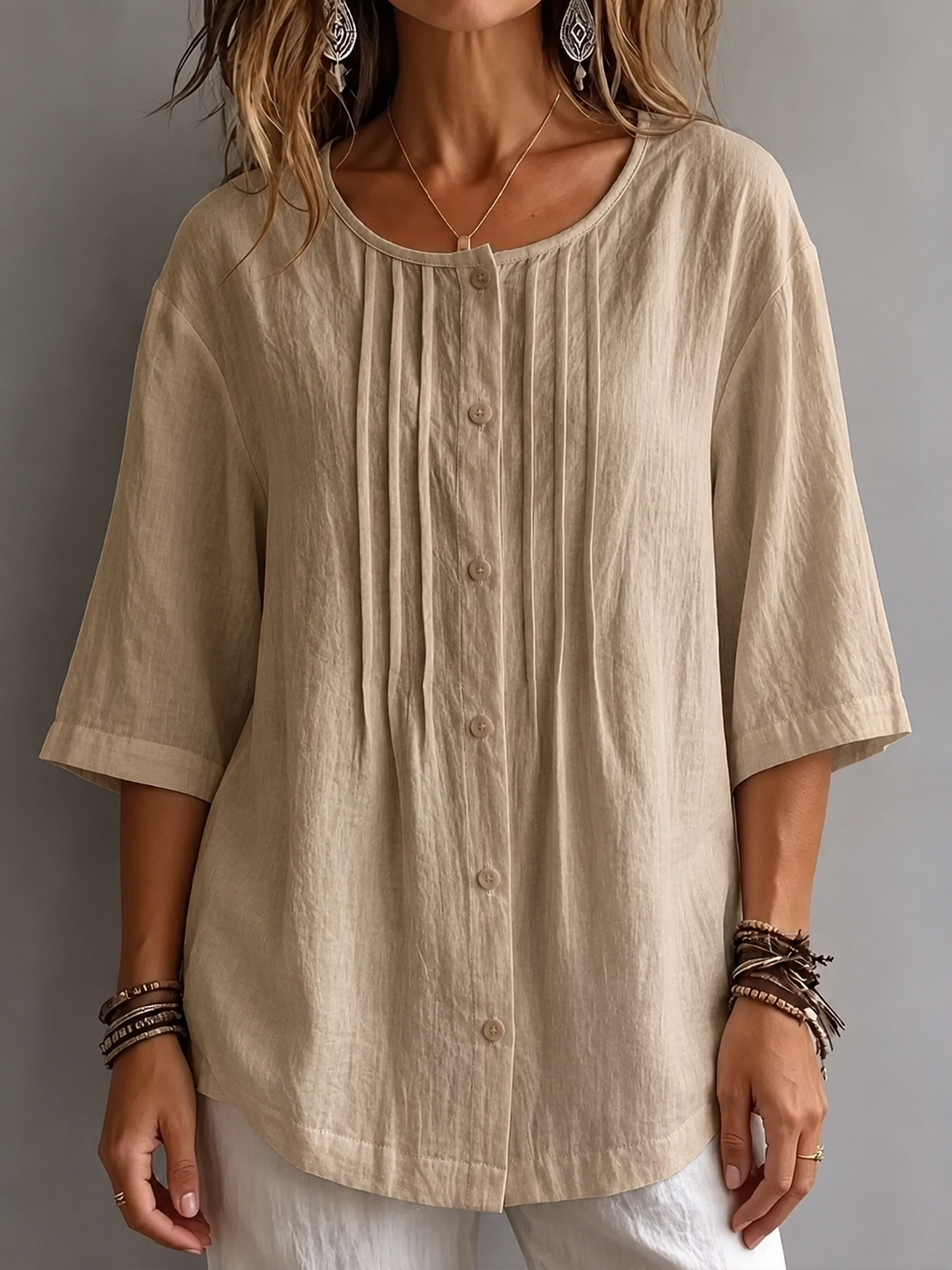 Women's Full Size Cotton Linen Texture Round Neck 3/4 Sleeve Blouse