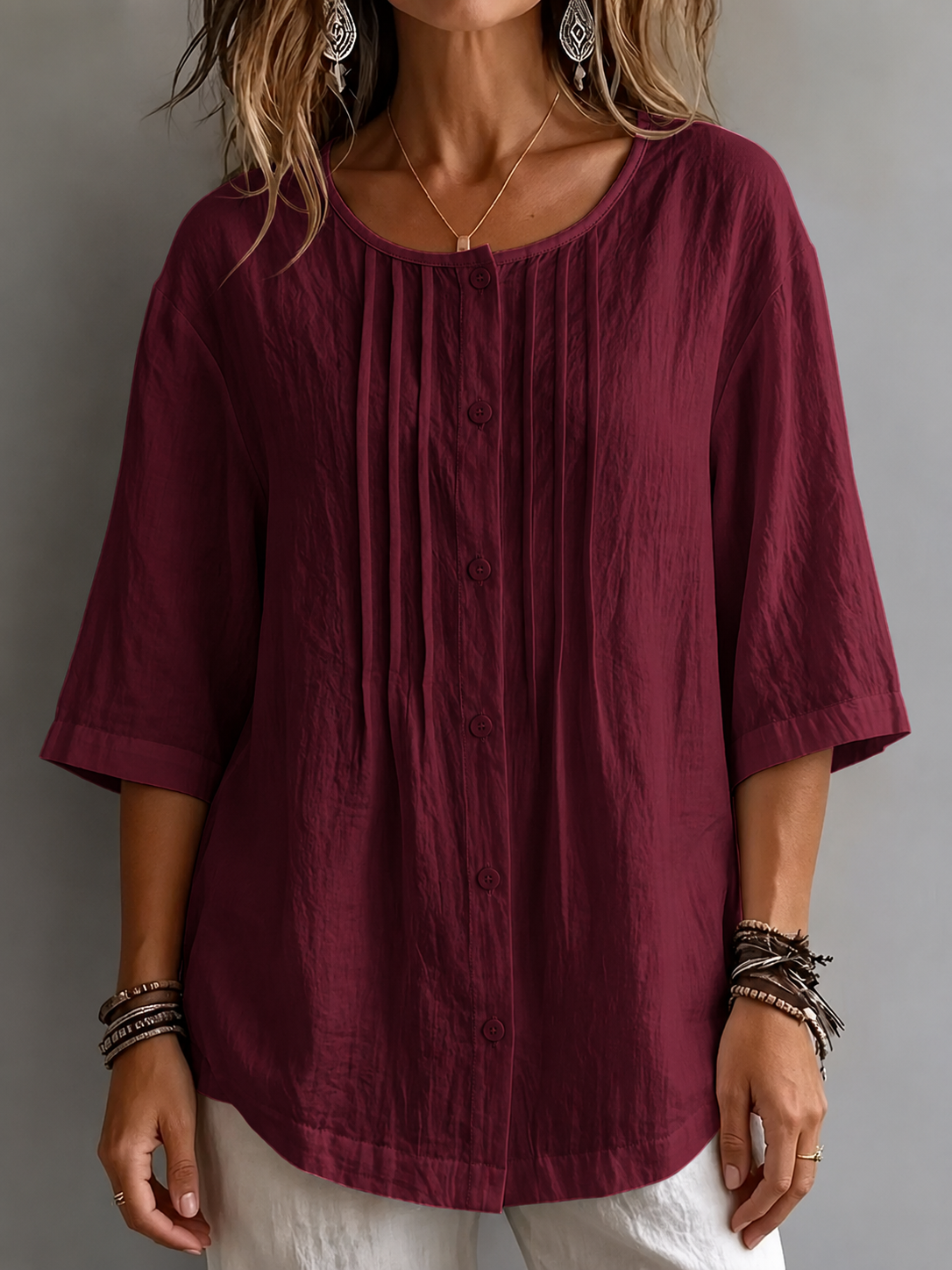 Women's Full Size Cotton Linen Texture Round Neck 3/4 Sleeve Blouse