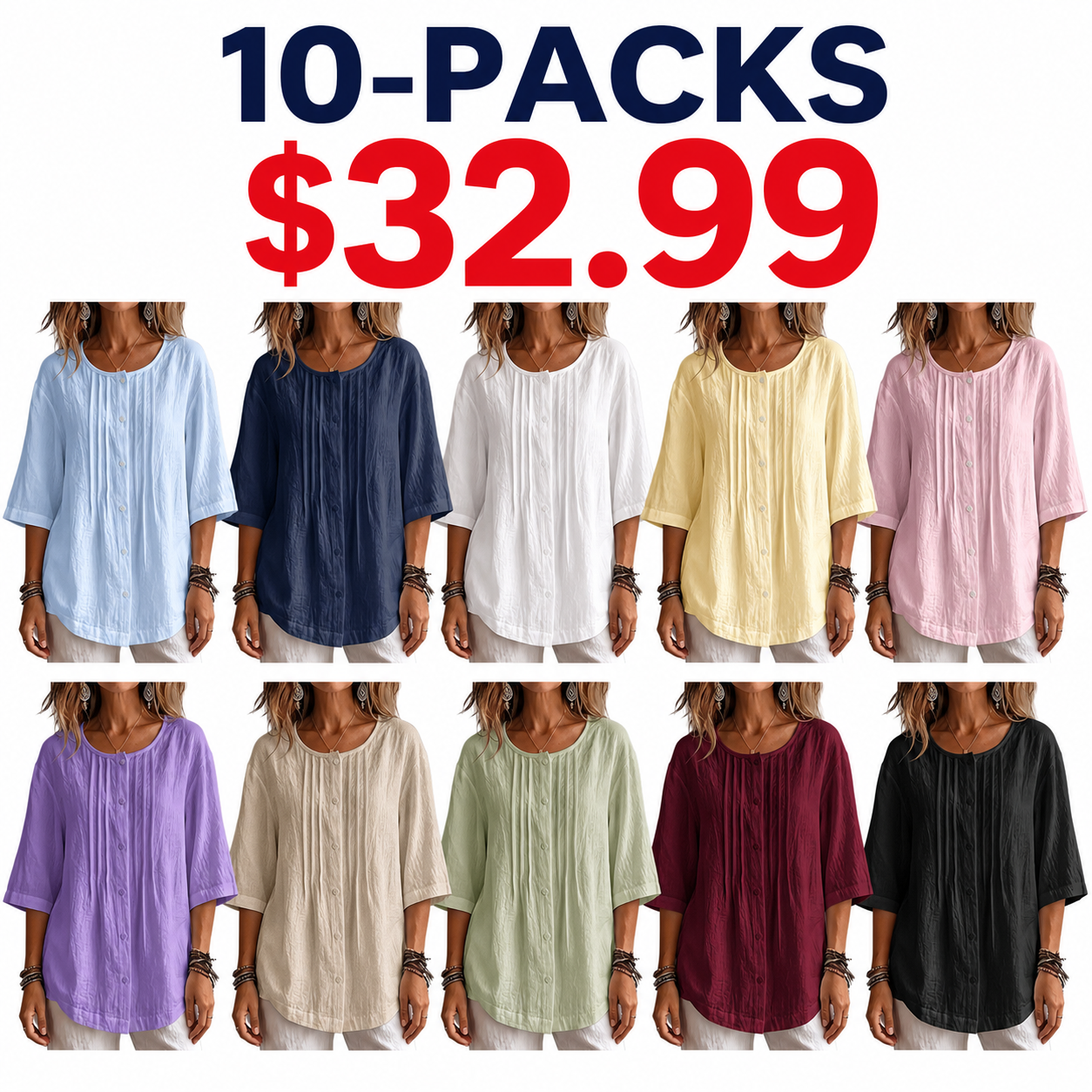 Women's Full Size Cotton Linen Texture Round Neck 3/4 Sleeve Blouse