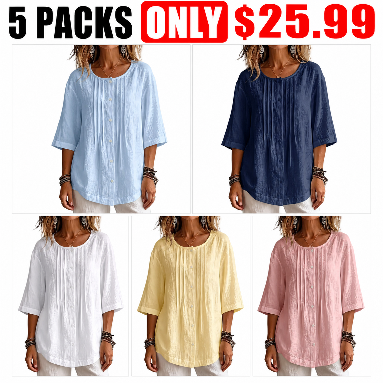 Women's Full Size Cotton Linen Texture Round Neck 3/4 Sleeve Blouse