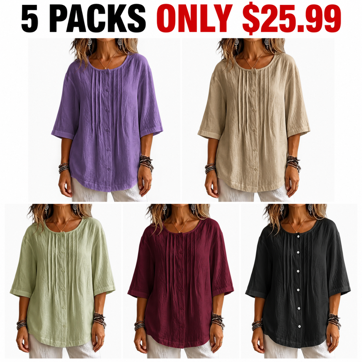Women's Full Size Cotton Linen Texture Round Neck 3/4 Sleeve Blouse