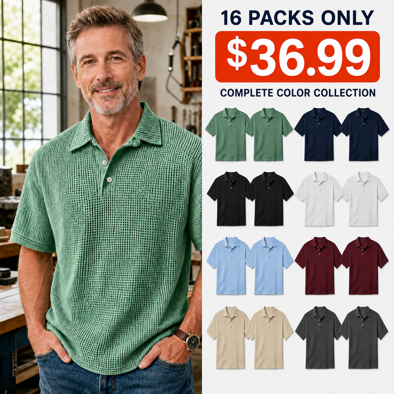Men's Textured Grid-Pattern Short-Sleeve Polo Shirt
