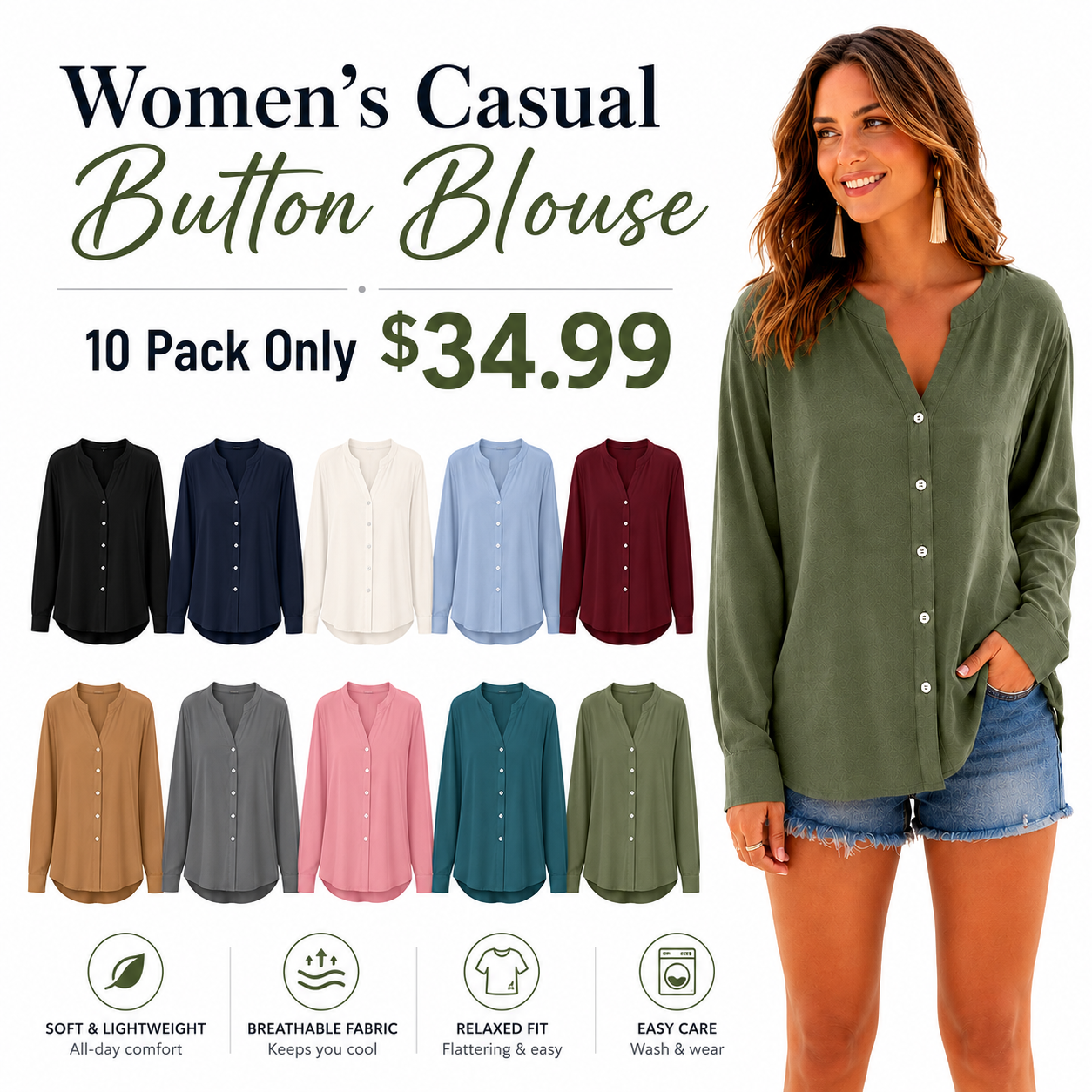 FINAL CLEARANCE - 10-Pack Only $39.99 - Women's Relaxed V-Neck Button-Front Long-Sleeve Top