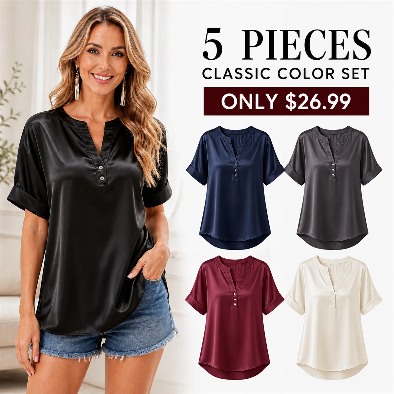 FINAL CLEARANCE - 10-Pack Only $34.99 - Women's Satin-Look Notch-Neck Short-Sleeve Blouse