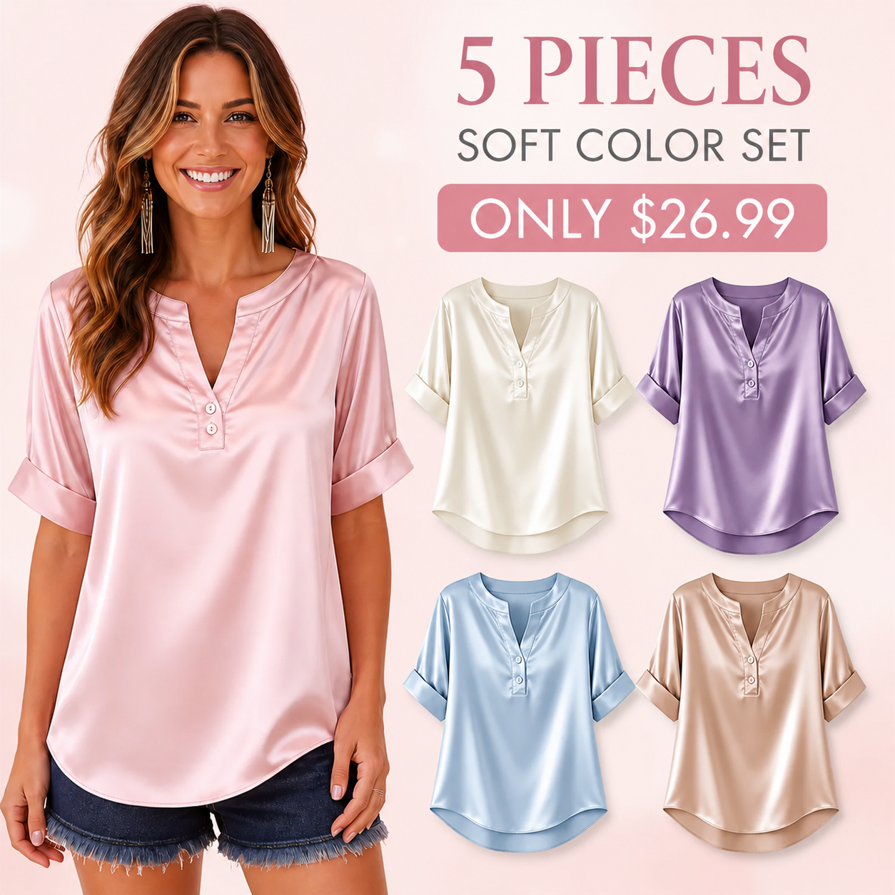 FINAL CLEARANCE - 10-Pack Only $34.99 - Women's Satin-Look Notch-Neck Short-Sleeve Blouse