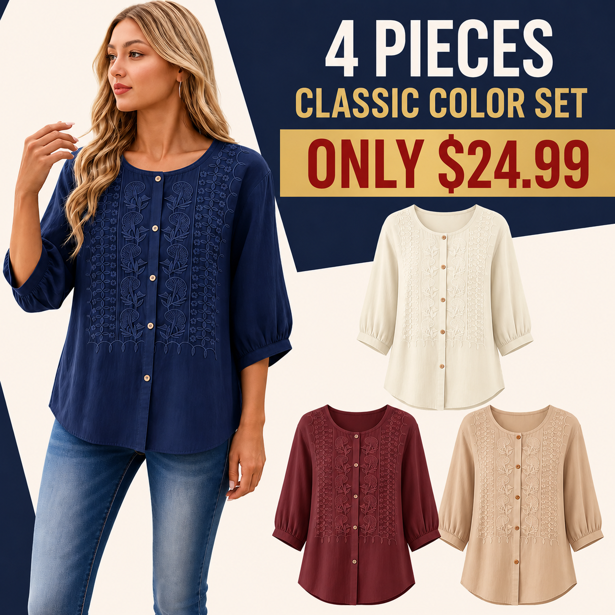 FINAL CLEARANCE - 8-Pack Only $31.99 - Women's Embroidered Button-Front Three-Quarter-Sleeve Blouse