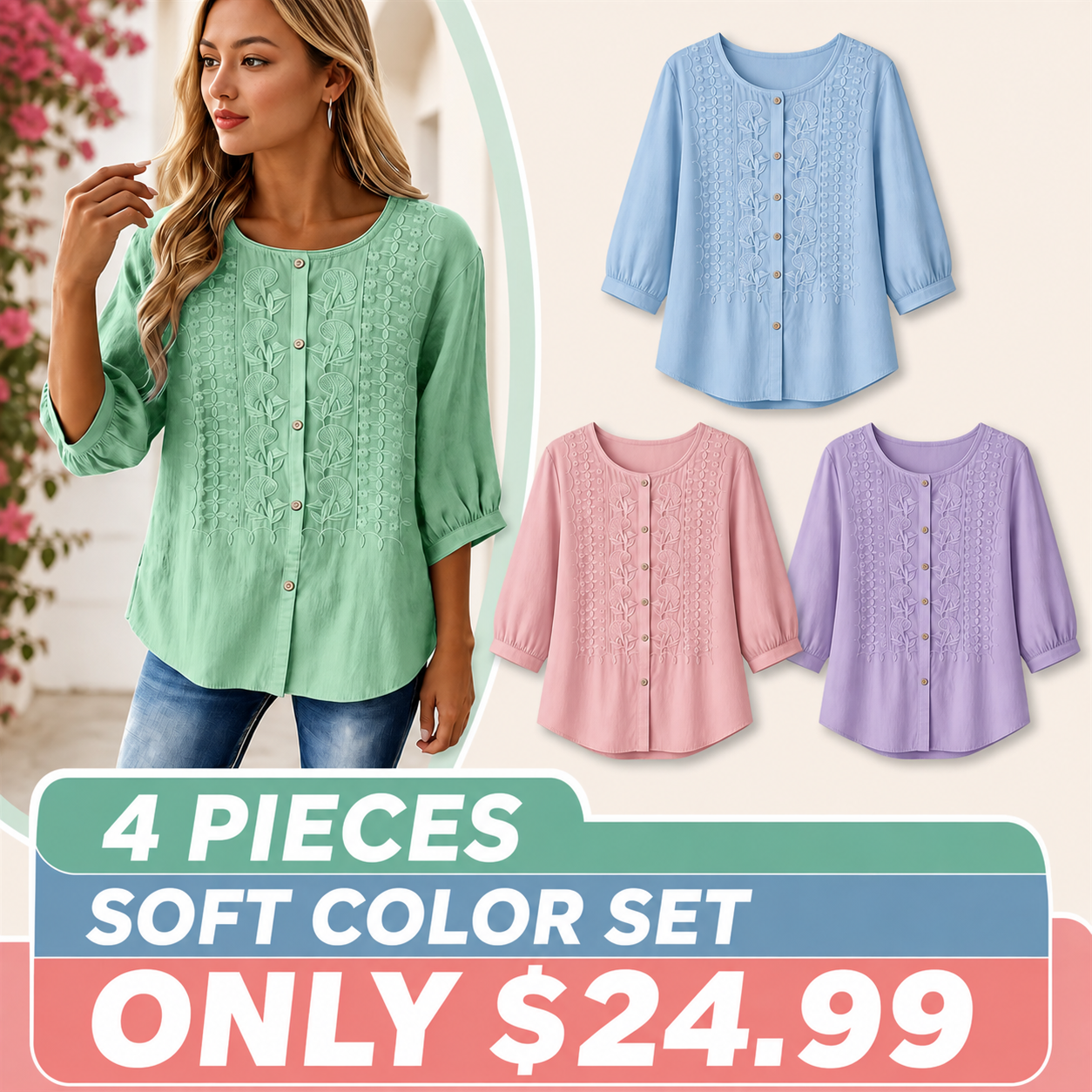 FINAL CLEARANCE - 8-Pack Only $31.99 - Women's Embroidered Button-Front Three-Quarter-Sleeve Blouse