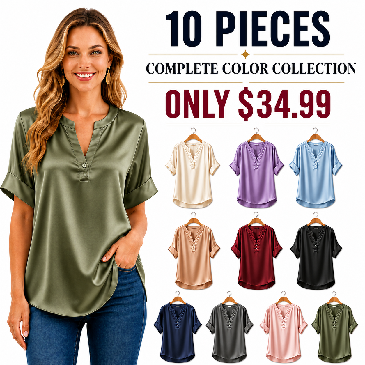 FINAL CLEARANCE - 10-Pack Only $34.99 - Women's Satin-Look Notch-Neck Short-Sleeve Blouse