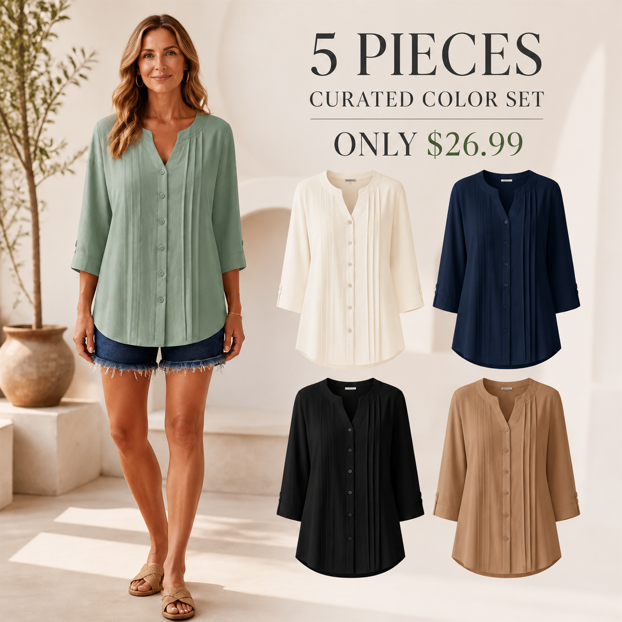 FINAL CLEARANCE - 10-Pack Only $32.99 - Women's Relaxed Pleated Button-Front Three-Quarter-Sleeve Blouse