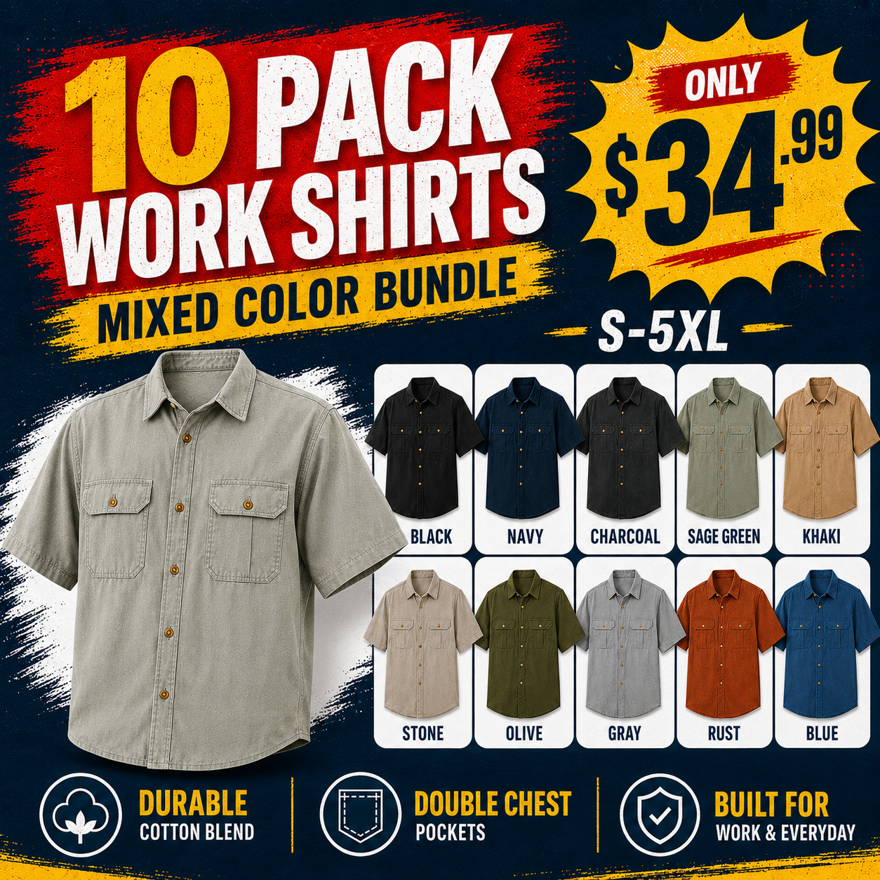 🎁10 Pack for $34.99⚡- Men’s Short Sleeve Utility Work Shirt