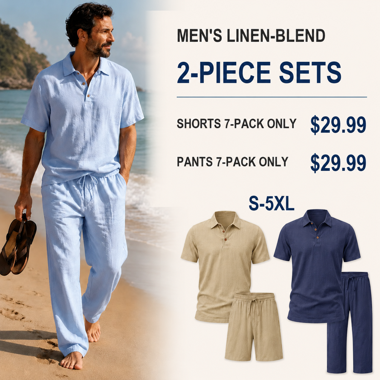 Men's Linen-Blend Two-Piece Polo Sets 7-Pack - Shirt with Shorts or Pants