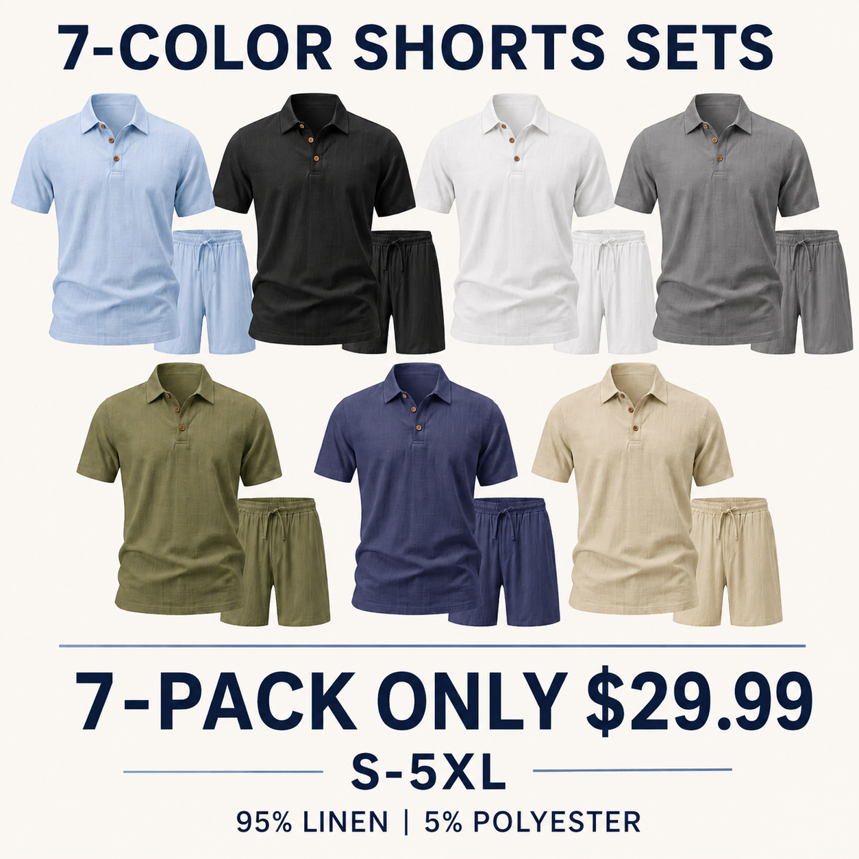 Men's Linen-Blend Two-Piece Polo Sets 7-Pack - Shirt with Shorts or Pants