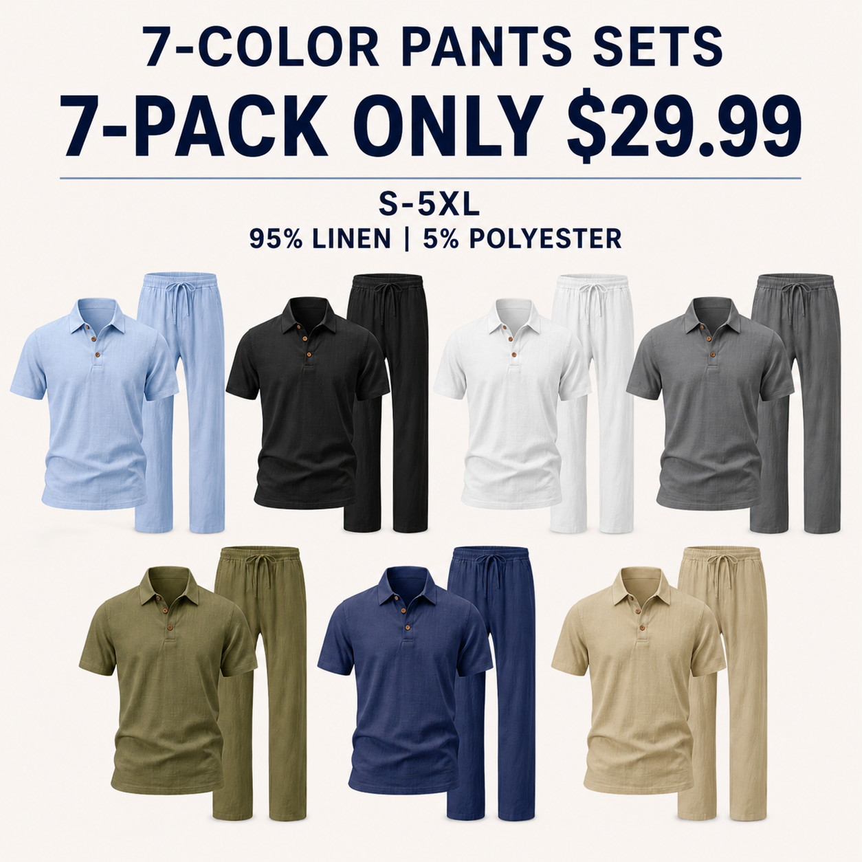 Men's Linen-Blend Two-Piece Polo Sets 7-Pack - Shirt with Shorts or Pants