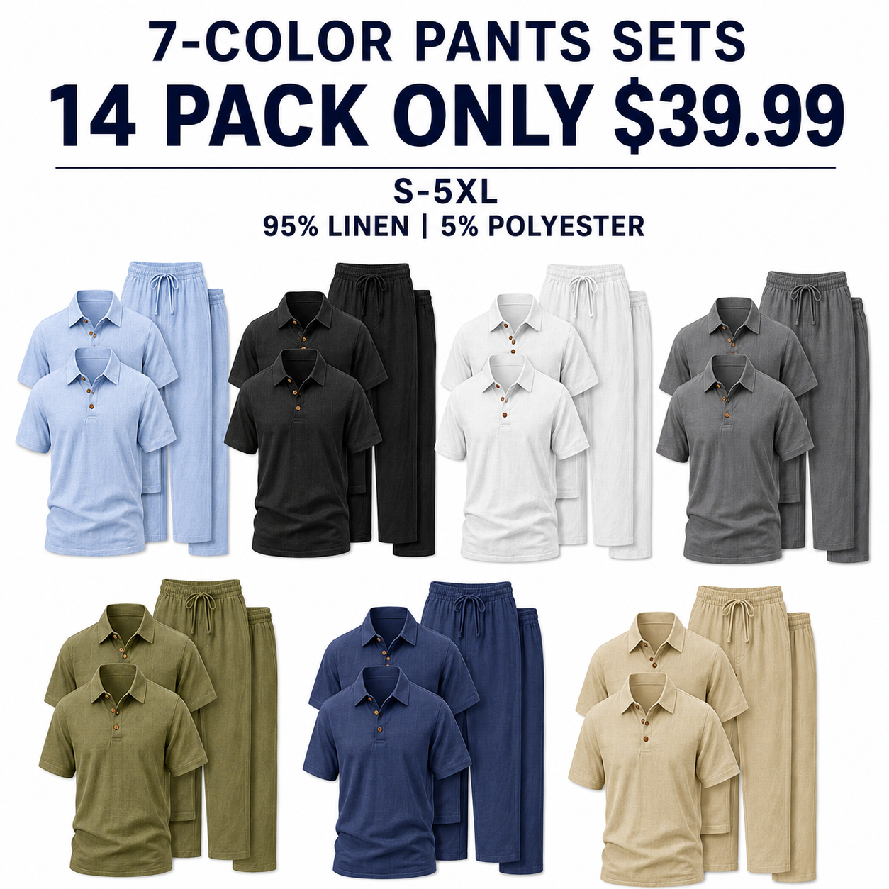 Men's Linen-Blend Two-Piece Polo Sets 7-Pack - Shirt with Shorts or Pants