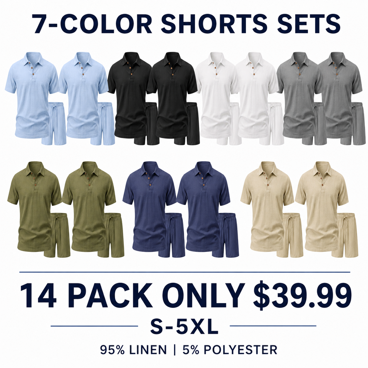 Men's Linen-Blend Two-Piece Polo Sets 7-Pack - Shirt with Shorts or Pants