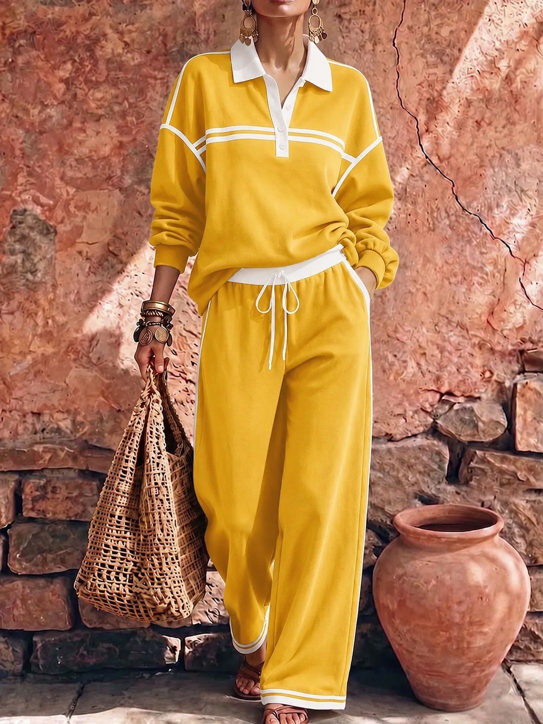 New Arrivals🔥Women's Collared Long-sleeved Casual Loose Pullover Top And High-waisted Wide-leg Pants Suit