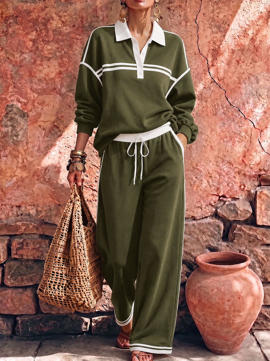 New Arrivals🔥Women's Collared Long-sleeved Casual Loose Pullover Top And High-waisted Wide-leg Pants Suit