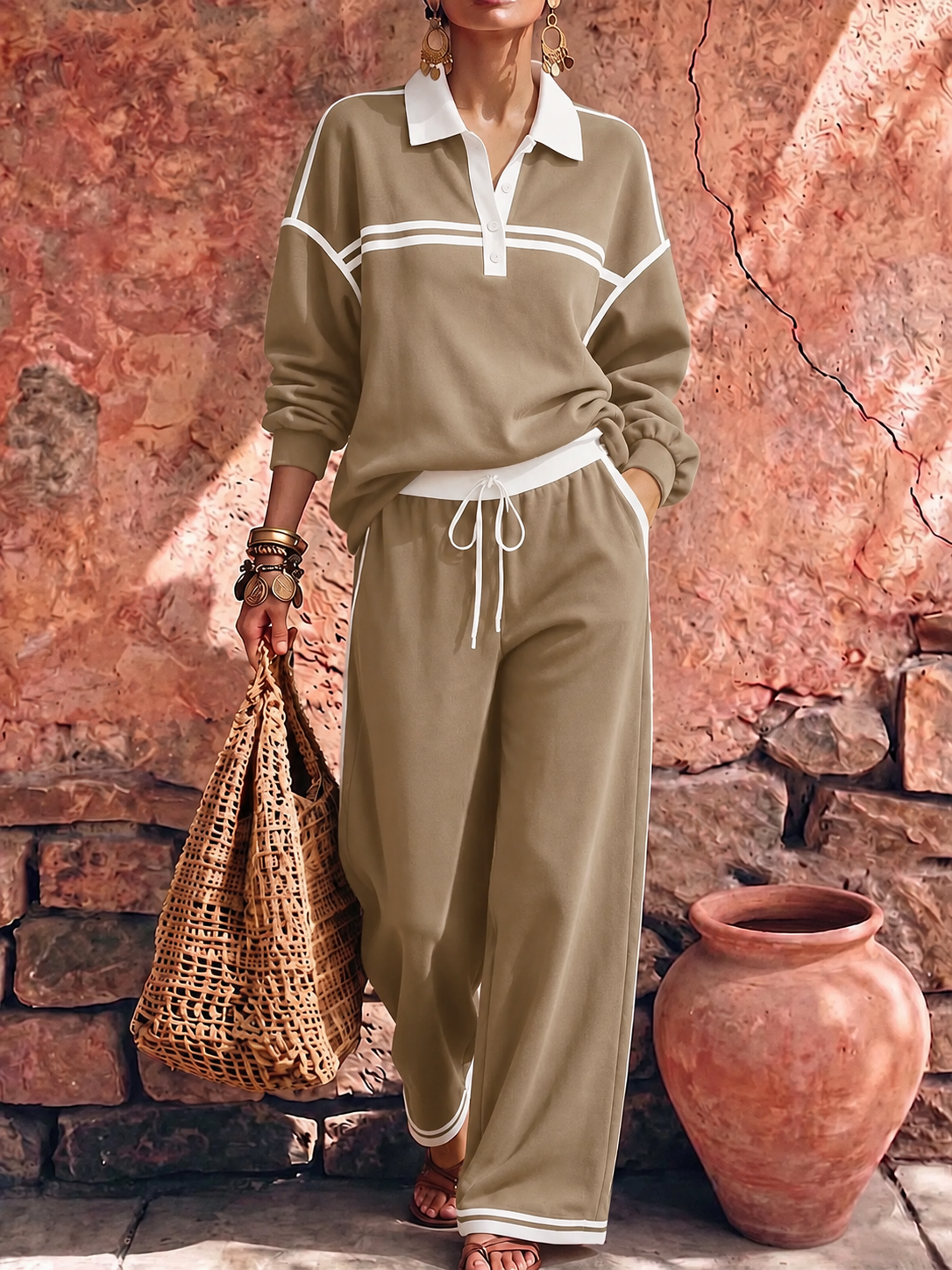 New Arrivals🔥Women's Collared Long-sleeved Casual Loose Pullover Top And High-waisted Wide-leg Pants Suit