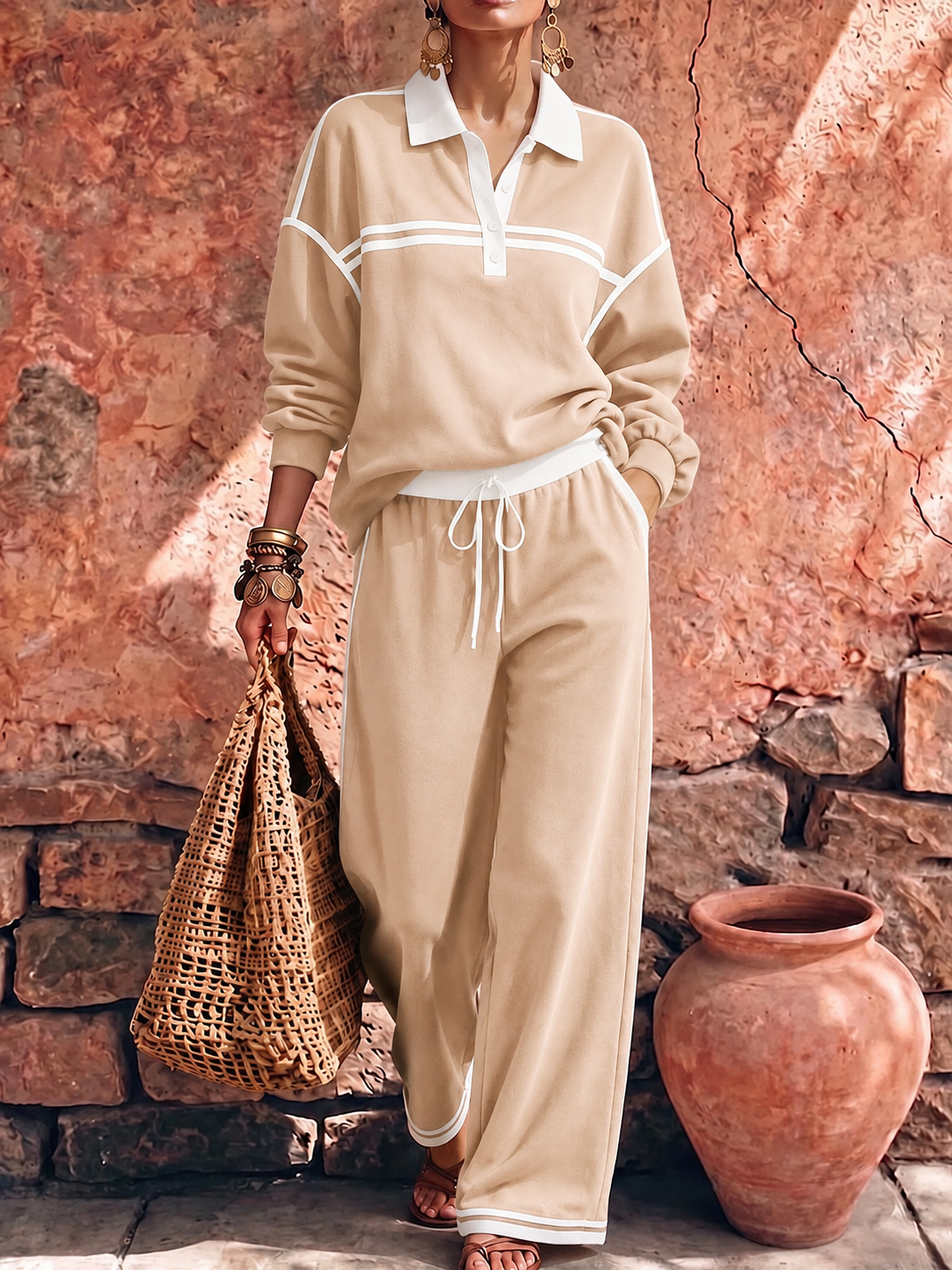 New Arrivals🔥Women's Collared Long-sleeved Casual Loose Pullover Top And High-waisted Wide-leg Pants Suit