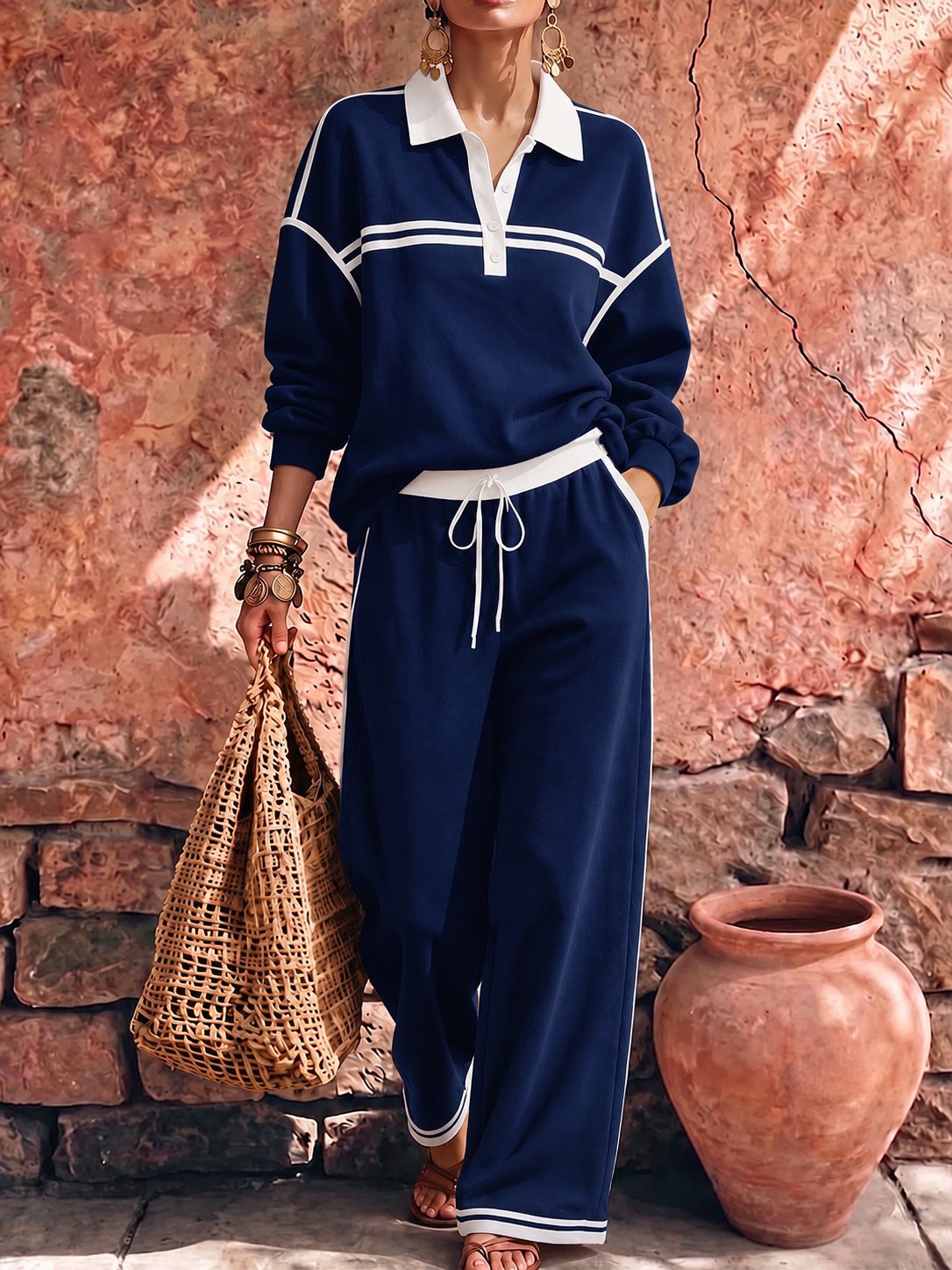 New Arrivals🔥Women's Collared Long-sleeved Casual Loose Pullover Top And High-waisted Wide-leg Pants Suit