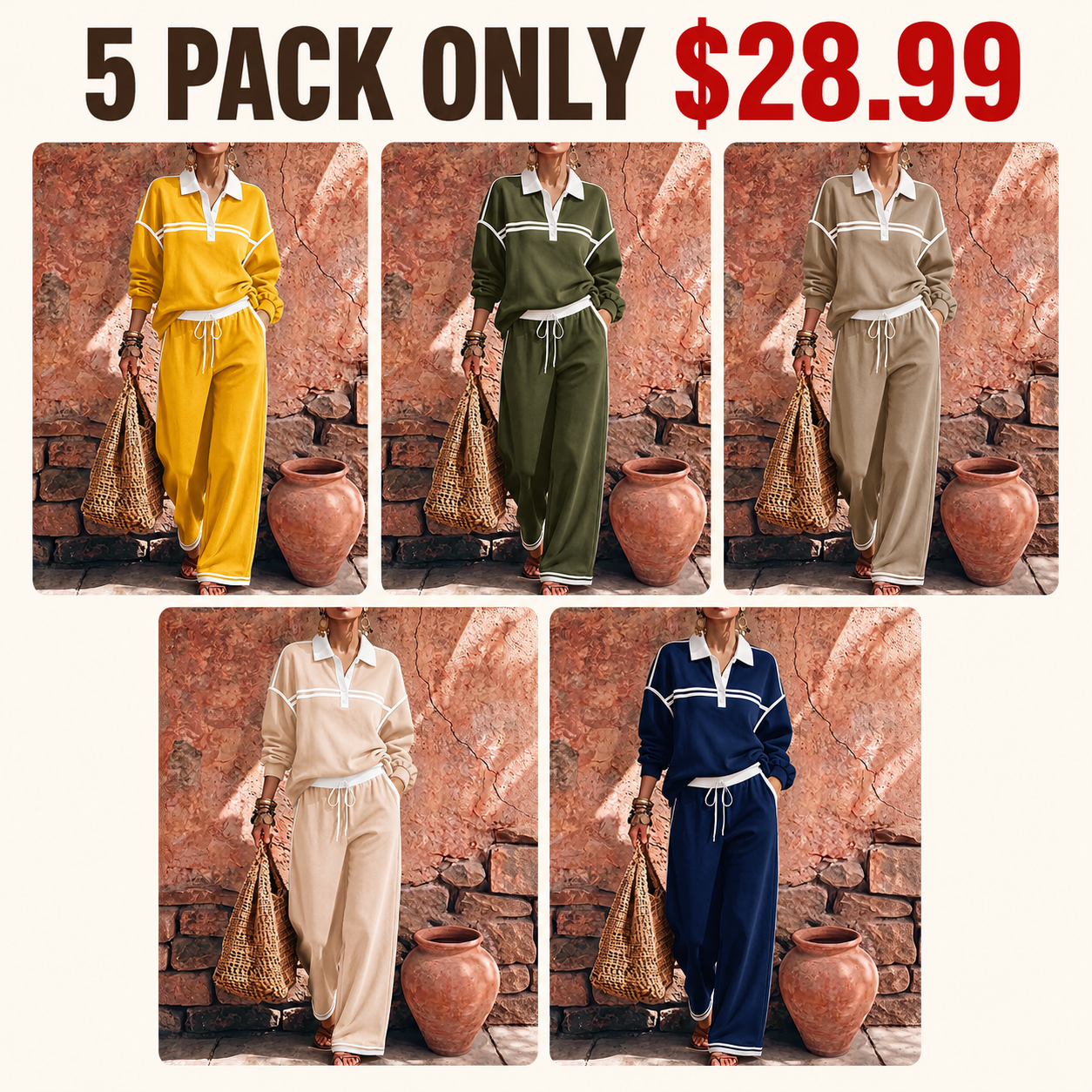 New Arrivals🔥Women's Collared Long-sleeved Casual Loose Pullover Top And High-waisted Wide-leg Pants Suit