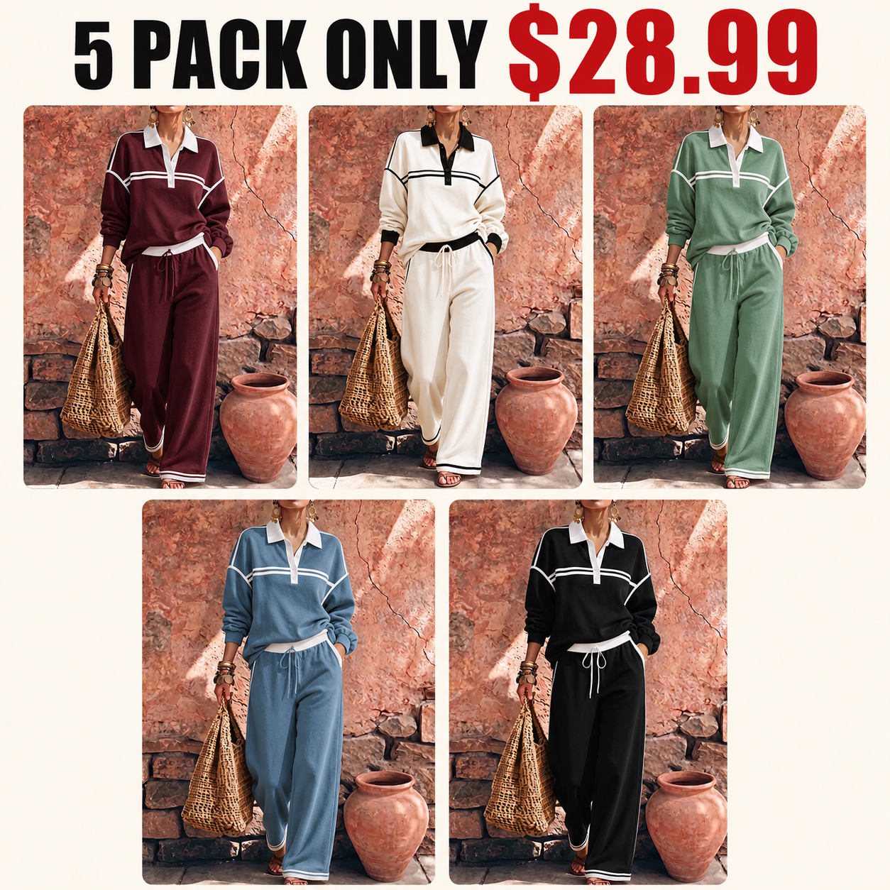 New Arrivals🔥Women's Collared Long-sleeved Casual Loose Pullover Top And High-waisted Wide-leg Pants Suit