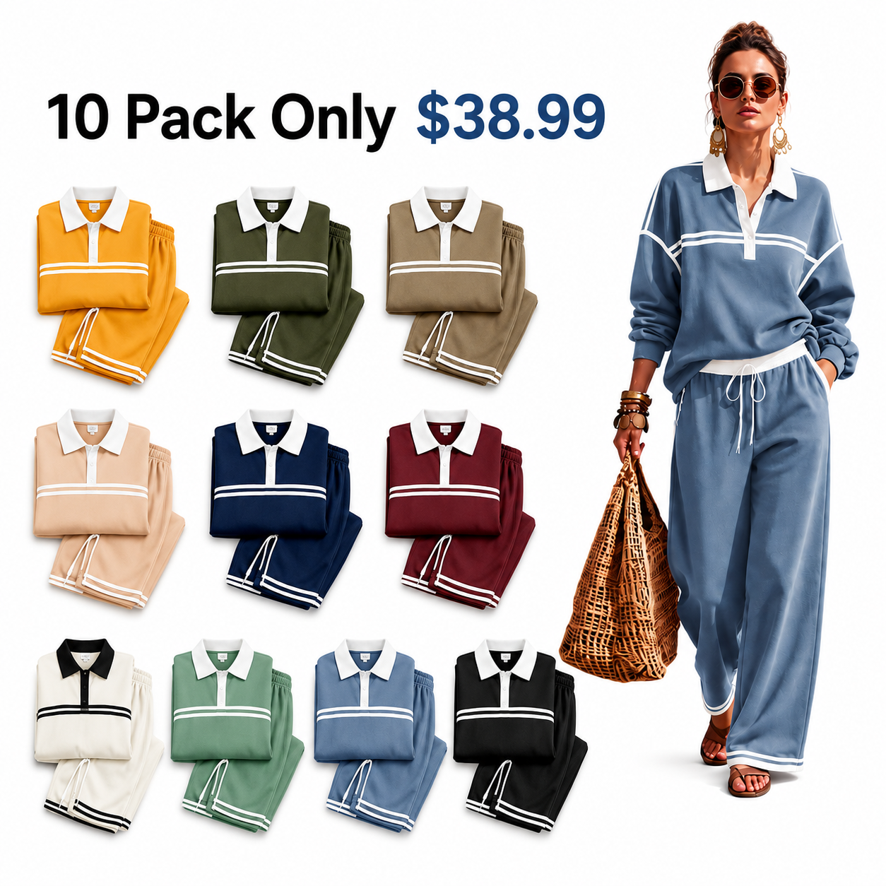 New Arrivals🔥Women's Collared Long-sleeved Casual Loose Pullover Top And High-waisted Wide-leg Pants Suit