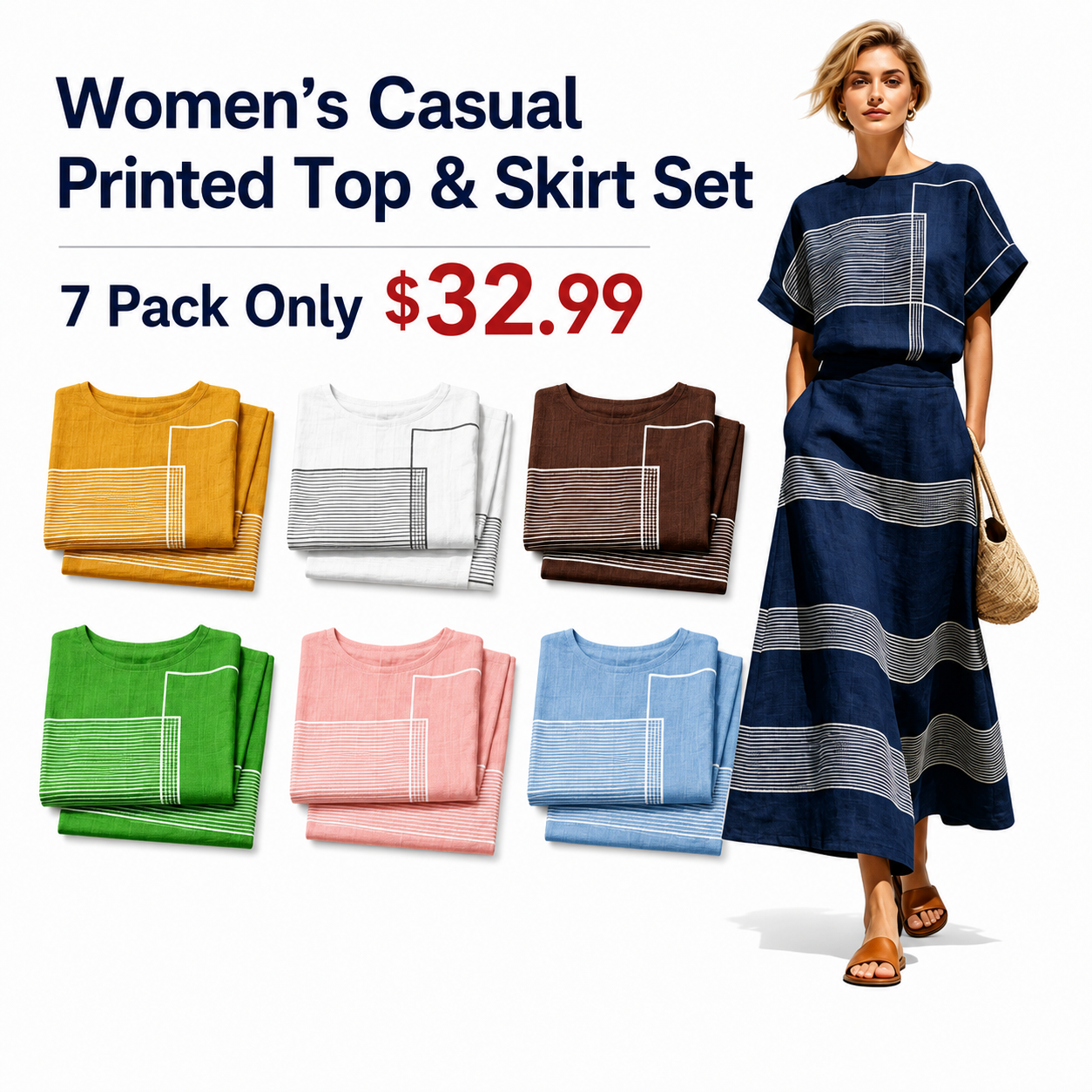 Women's Geometric Print Crew Neck Short-Sleeve Cotton-Linen Top & High-Waisted Loose-Fit A-Line Skirt Set