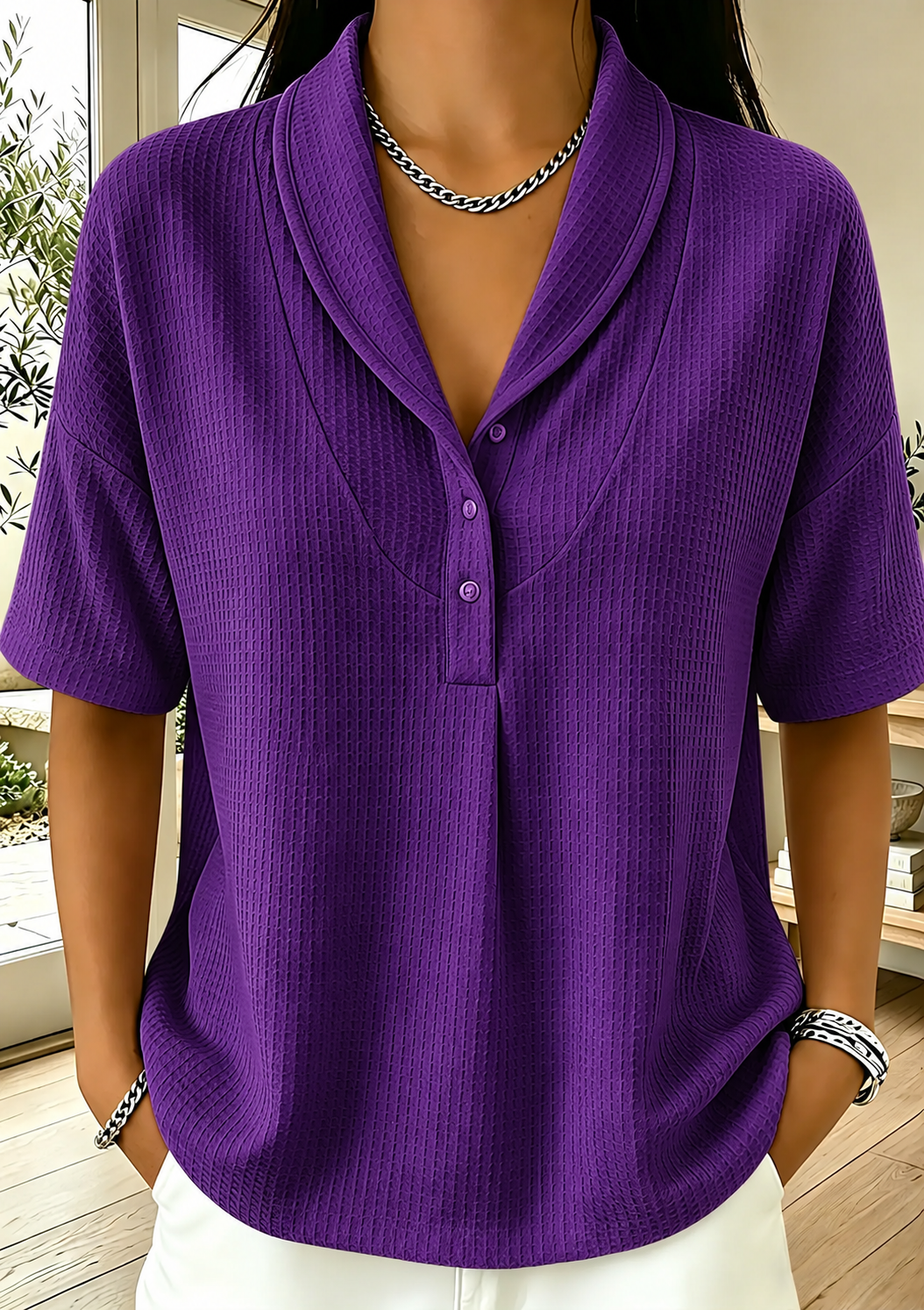 New Arrivals🔥Women’s Casual Loose Shawl Collar Waffle-knit T-shirt