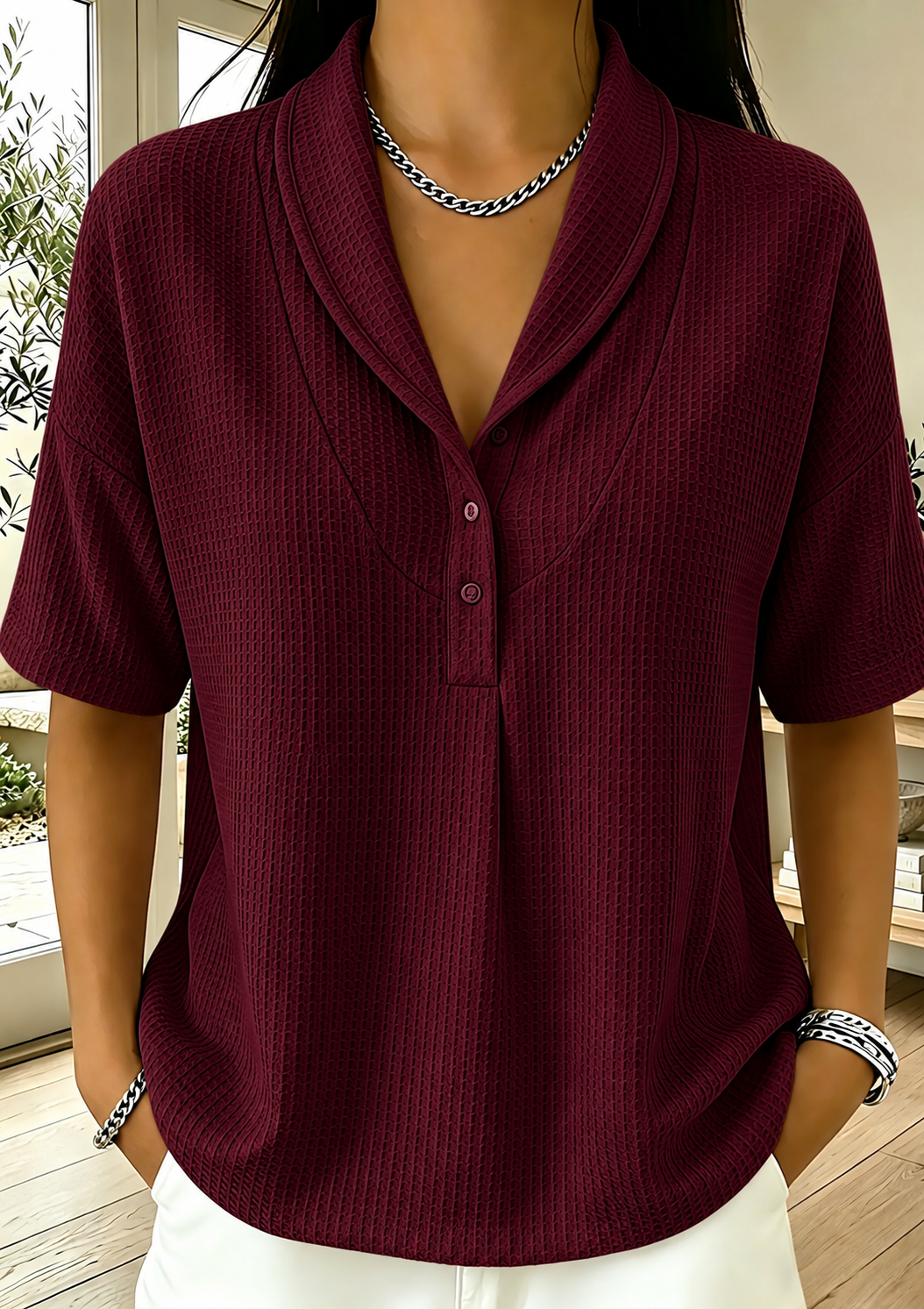 New Arrivals🔥Women’s Casual Loose Shawl Collar Waffle-knit T-shirt